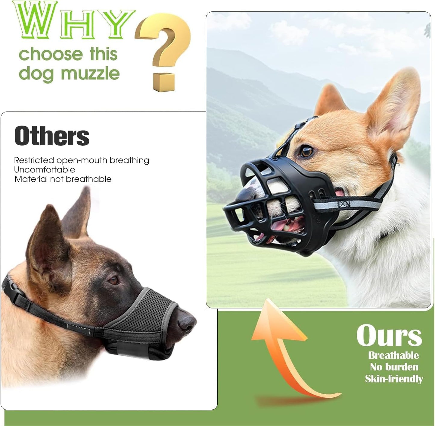 Dog Muzzle, Breathable Basket Muzzles for Small Medium Large Sized Dogs, Adjustable Humane Cage Mouth Cover for Scavenging Grooming Biting Chewing, Allows Panting and Drinking(Soft Rubber, L)