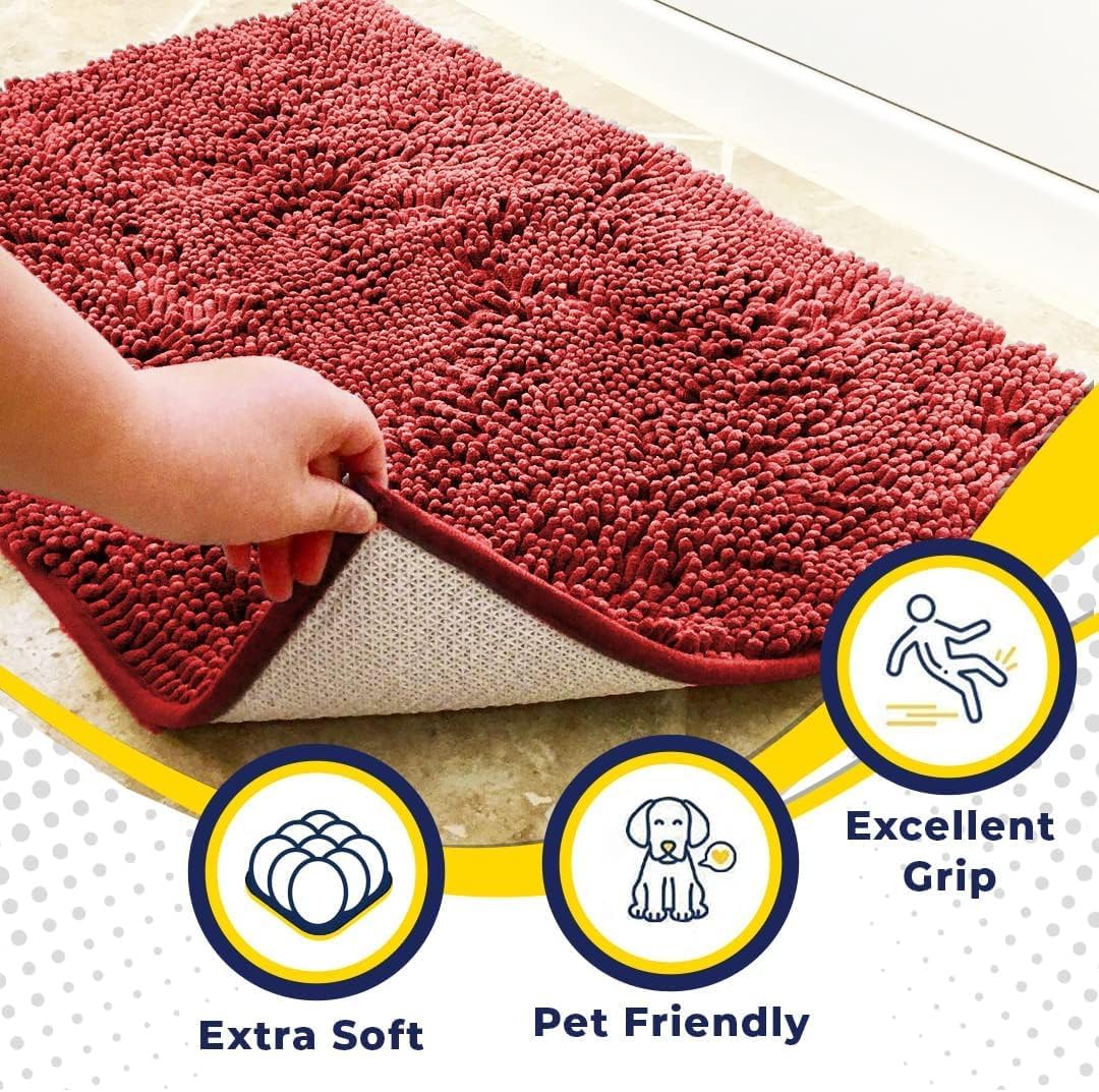 Muddy Mat® AS-SEEN-ON-TV Highly Absorbent Microfiber Door Mat and Pet Rug, Non Slip Thick Washable Area and Bath Mat Soft Chenille for Kitchen Bathroom Bedroom Indoor and Outdoor - Red 24" x 96"
