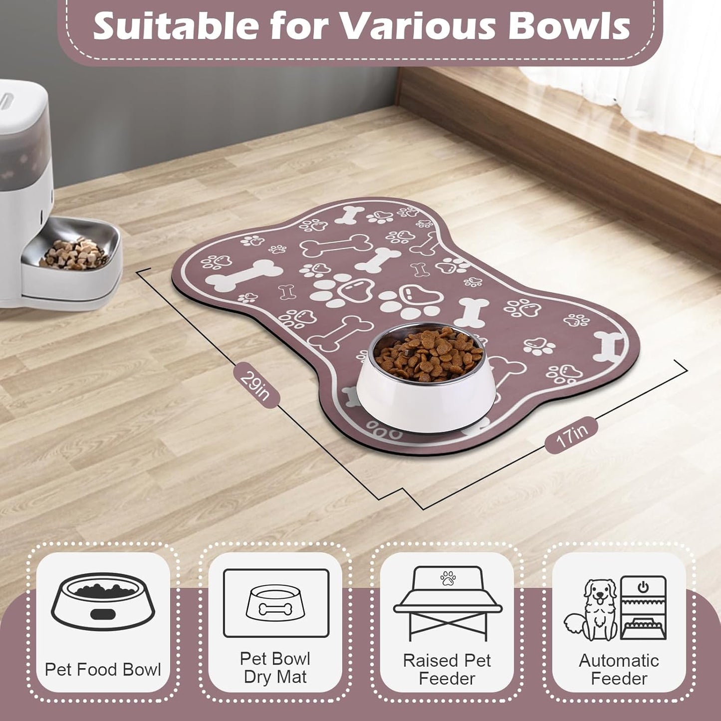 Dog Cat Mat for Food and Water,Rapid Absorbent Pet Feeding Mat, Bone Shaped Dog Placemat Bowl Mat with Rubber Backing,No Stains Pet Food Mats Indoor, Pet Accessories Supplies,Brown 17"×29"