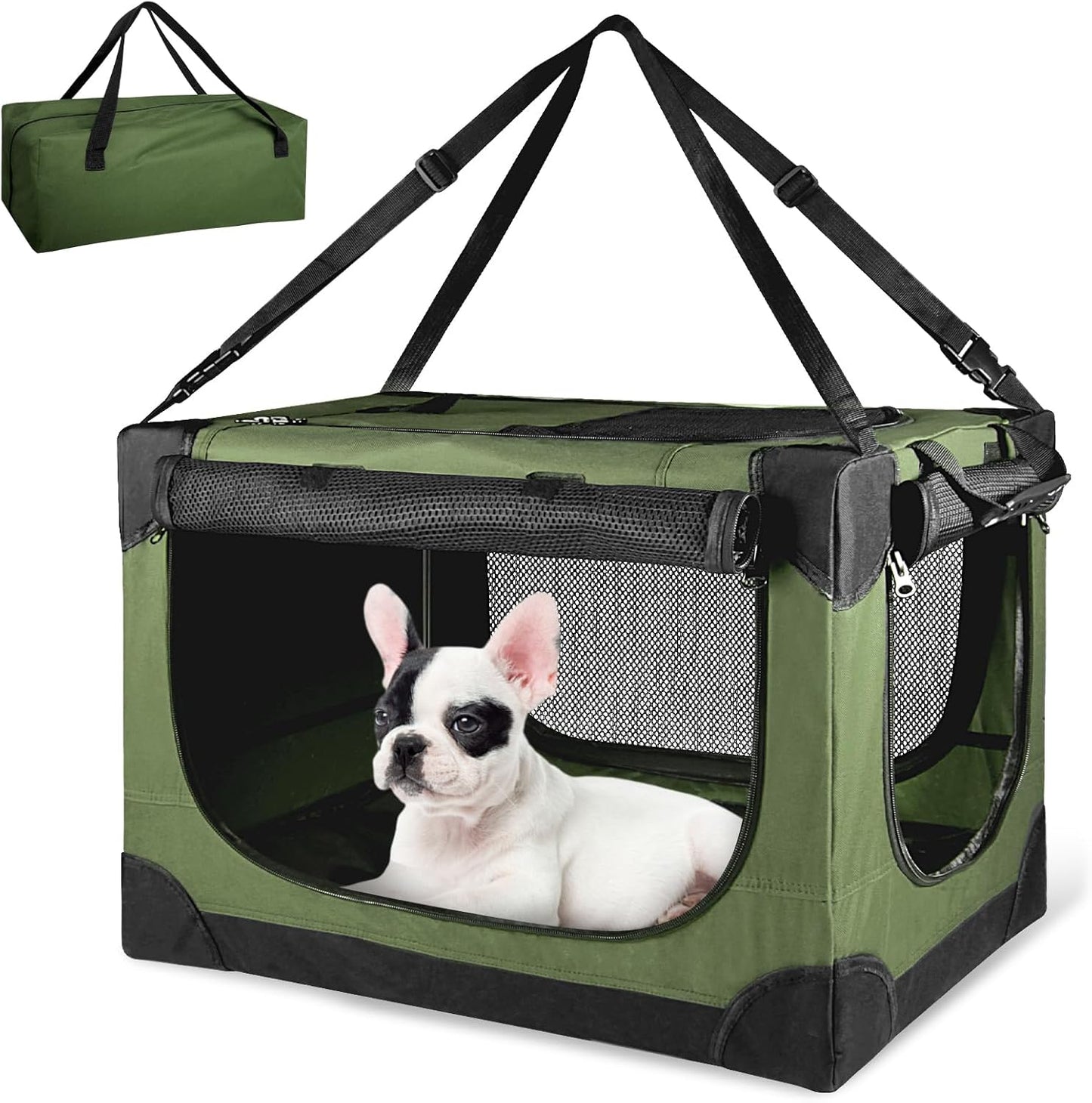 24" Small Dog Crate,Portable Crate for Small Dogs, Portable Travel Pet Crates,Soft Dog Crate Collapsible Dogs Crate,with 4 Mesh Doors, Foldable Car Kennel for Puppy with Handle for Outdoor - Green