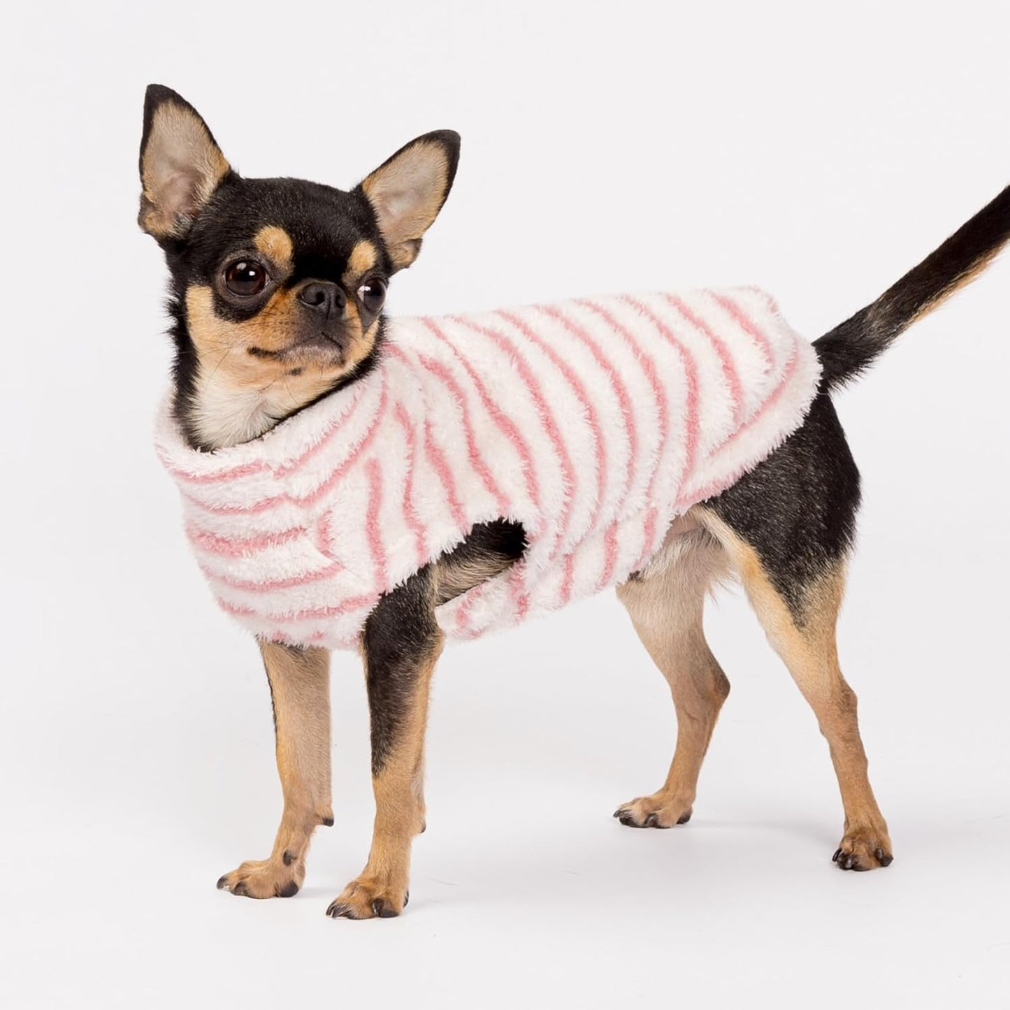 Fitwarm 2 Pack Striped Fleece Dog Sweater, Warm Winter Dog Clothes for Small Dogs Girl, Fuzzy Turtleneck Pet Outfit, Doggy Pullover Jumper, Rose Pink, White, Light Pink, Large