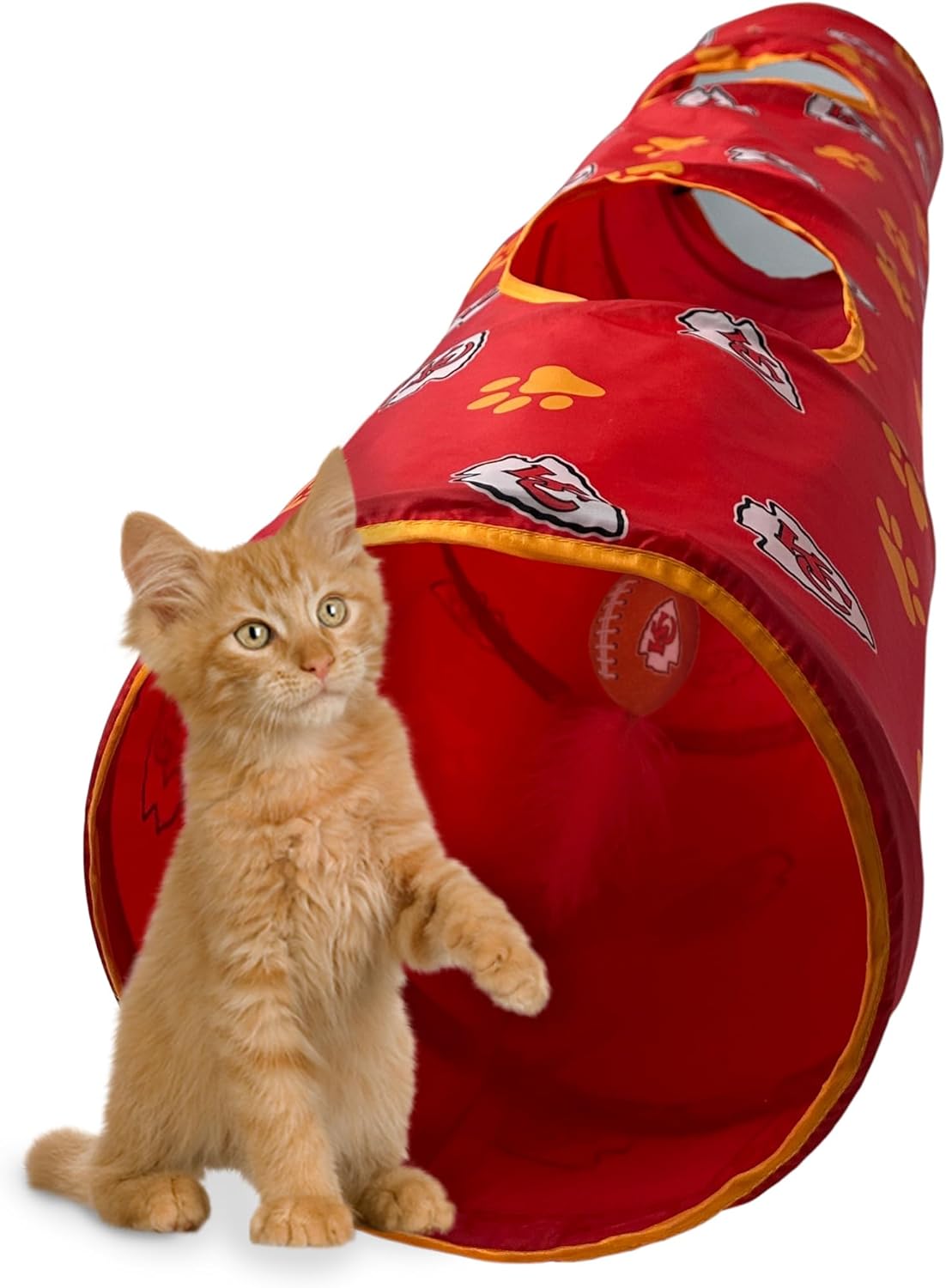 NFL Kansas City Chiefs Cat Tunnel Tube Toy with Plush Football Catnip and Feathers Collapsible Tunnel for Cats to Play, Peek and Hide, Sporty & Fun Cat Tunnel Toy with Team Logo All-Over Design!