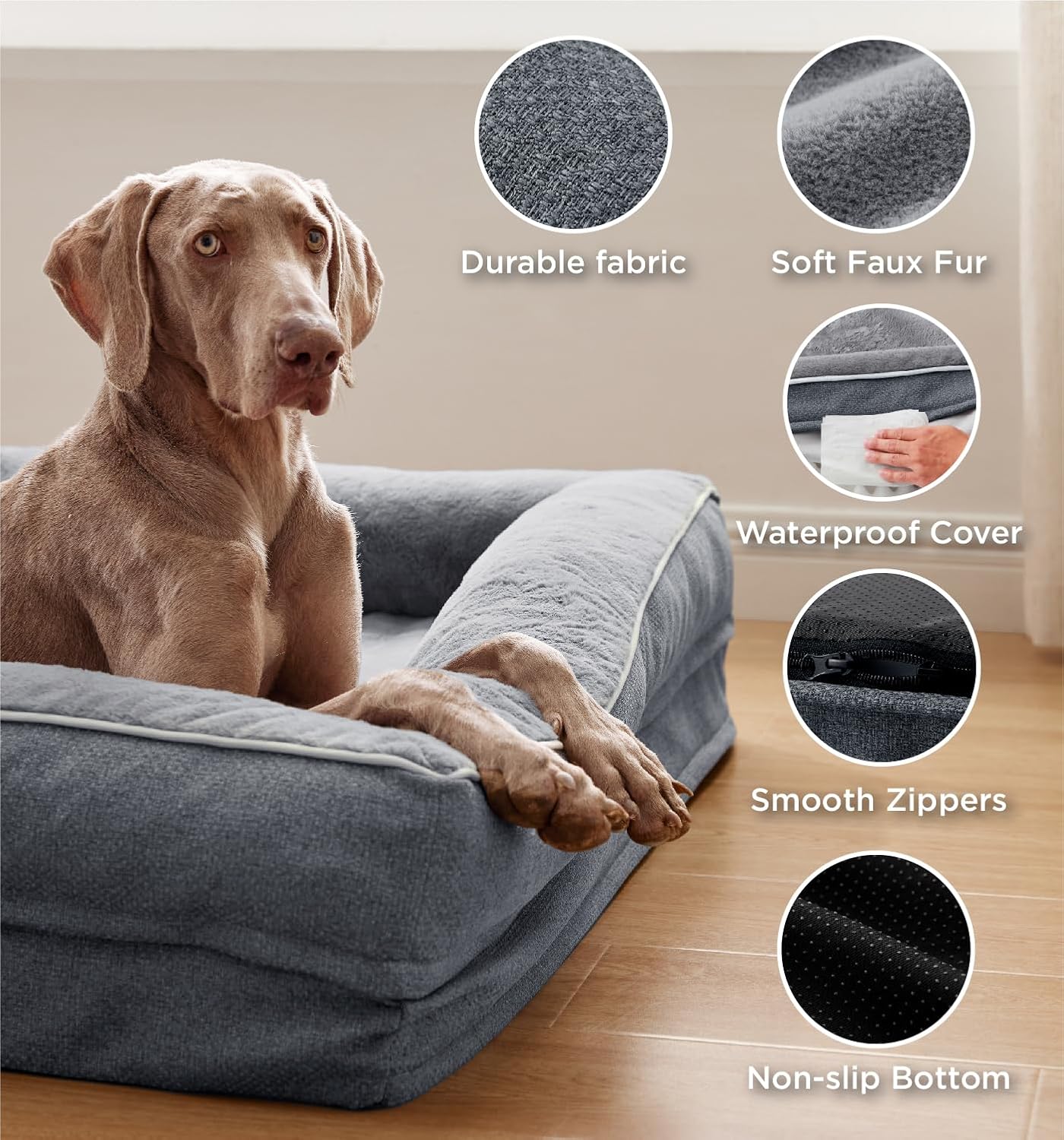 Made4Pets Orthopedic Dog Bed for Medium Large Dogs, Supportive Foam Medium Large Pet Bed Sofa with Washable Removable Cover, Waterproof Dog Couch Bed, Non-Slip Bottom and Egg-Crate Foam, Grey