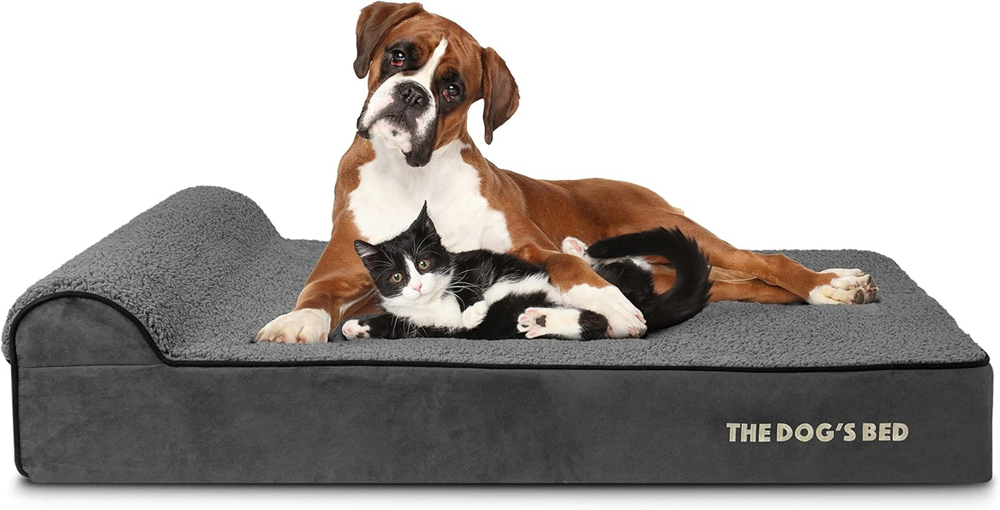 The Dog’s Bed Orthopedic Headrest Dog Bed XL Grey Plush 46x28, Memory Foam, Pain Relief for Arthritis, Hip & Elbow Dysplasia, Post Surgery, Lameness, Veterinary Approved, Waterproof Washable Cover