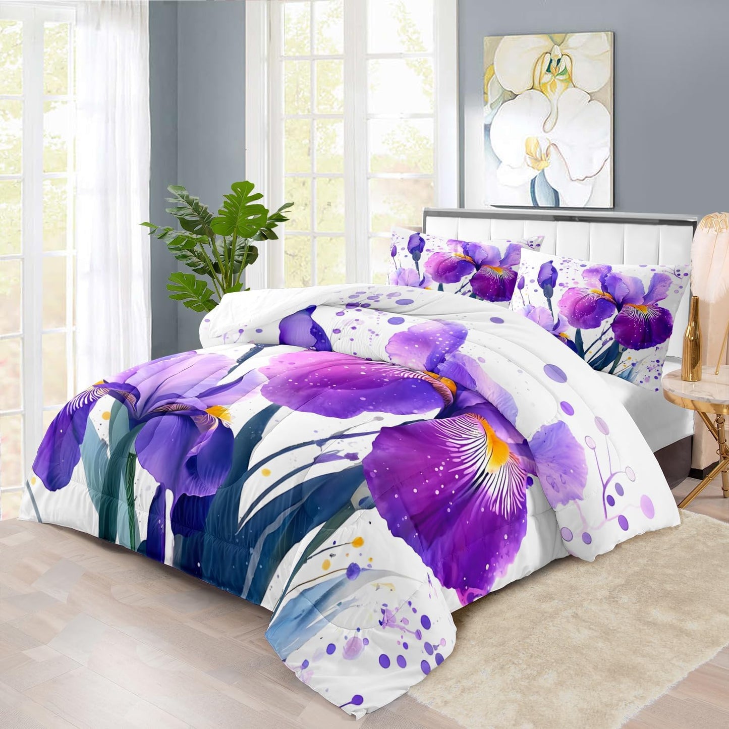 Purple Floral Comforter Set Queen Size Woman,Purple Iris Comforter for Girls,Pink Flower Bedding Set Queen Bedroom Decor,Floral Bedding Quilt Bed Decor Pink for Kids and Adults