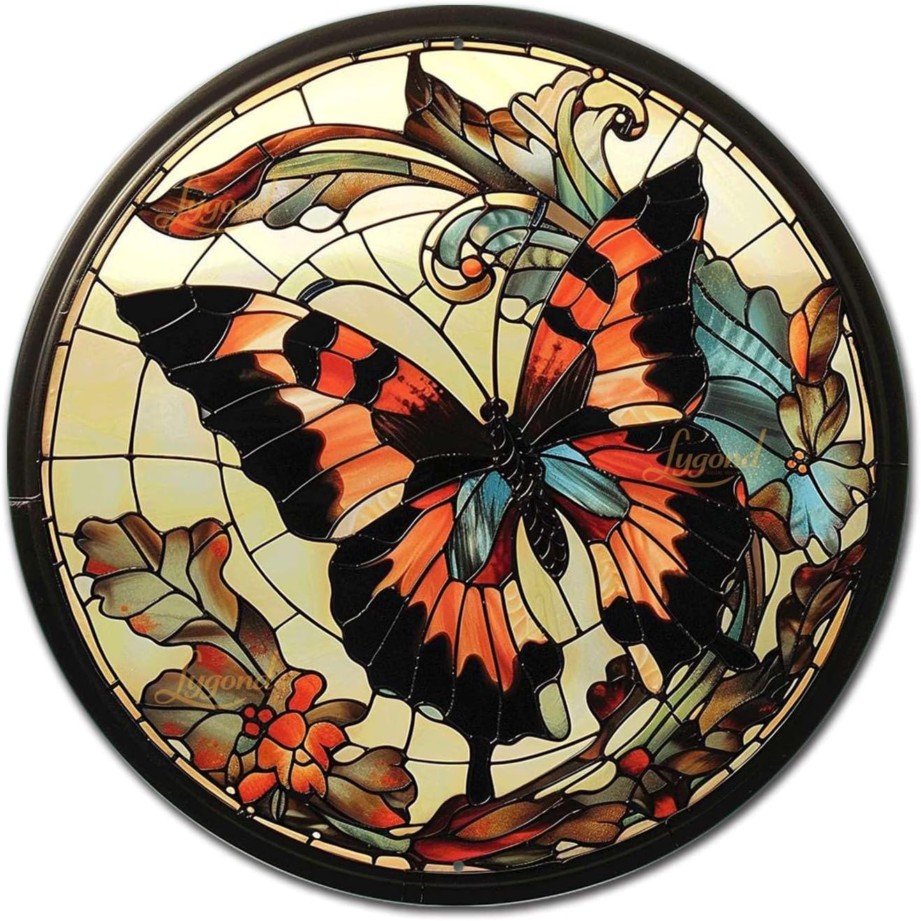 Lygond Metal Sign Tin Sign Circular Stained Glass Butterfly Decor Outdoor for Restaurant 8×8 Inches