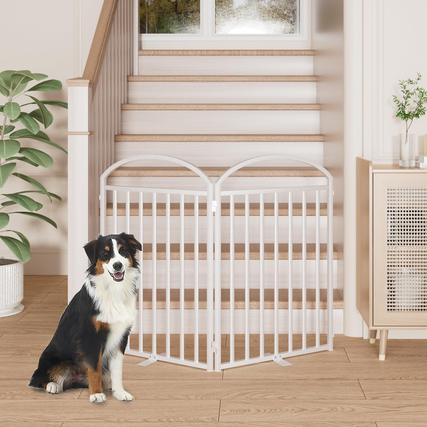 2 Panles Full Matel Freestanding Dog Gates with Door, 48"Extra Wide 32"Tall Free Standing Dog Pet Gate for Indoor & Outdoor. Foldable Pet Fences for Doorways, House, Stairs, Porch, Deck, Yard