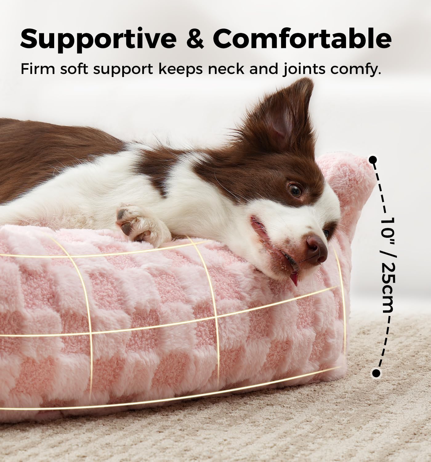 Made4Pets Cat and Dog Couch Bed, Soft Faux Fur Checkered Pet Sofa, Cozy Fluffy Pet Sofa with Supportive Foam, Removable Washable Cover with Non-Slip Base, Pink, Medium