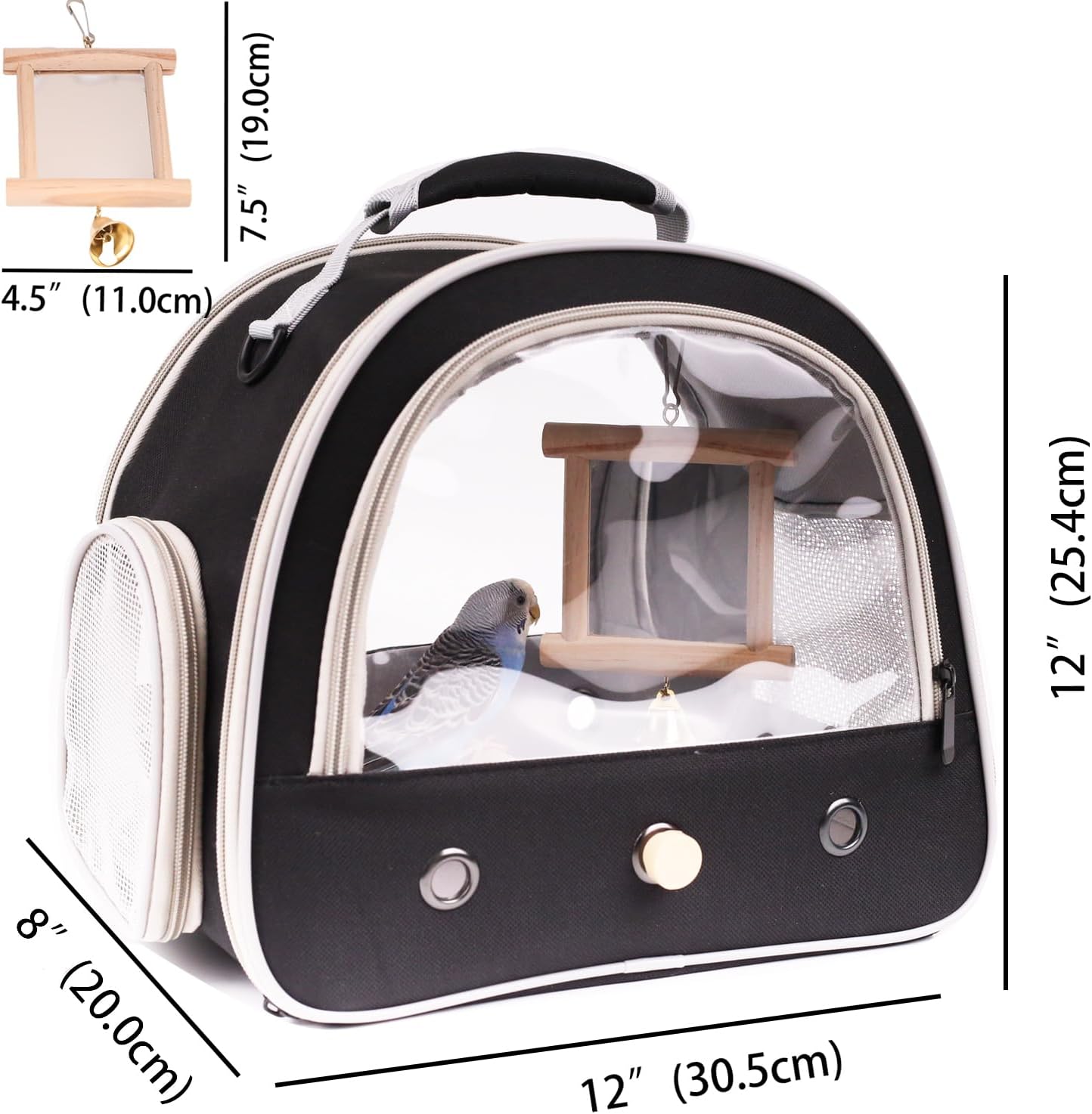 Portable Parrot Travel Cage Carrier with Small Swing Toy&Cage Colorful Toys Set Small Bird Parakeet Bag with Standing Perch Bird Carry Transport Bag (Black, Carrier/Mirror)