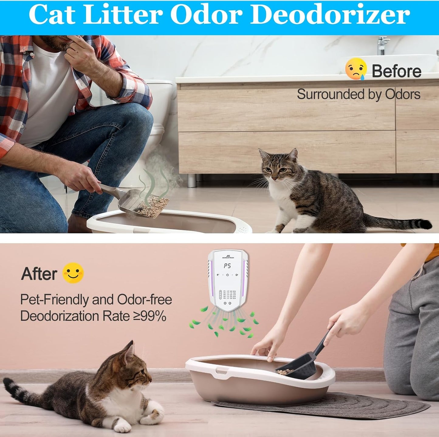 Cat Litter Deodorizer Air Ionizer Ozone Generator Odor Eliminator for Home Pets Litter Box Room Toilet Garage Air Purifier or Car, Rooms, Smoke 99% Pets Poof Odor Eliminator Odor Removal