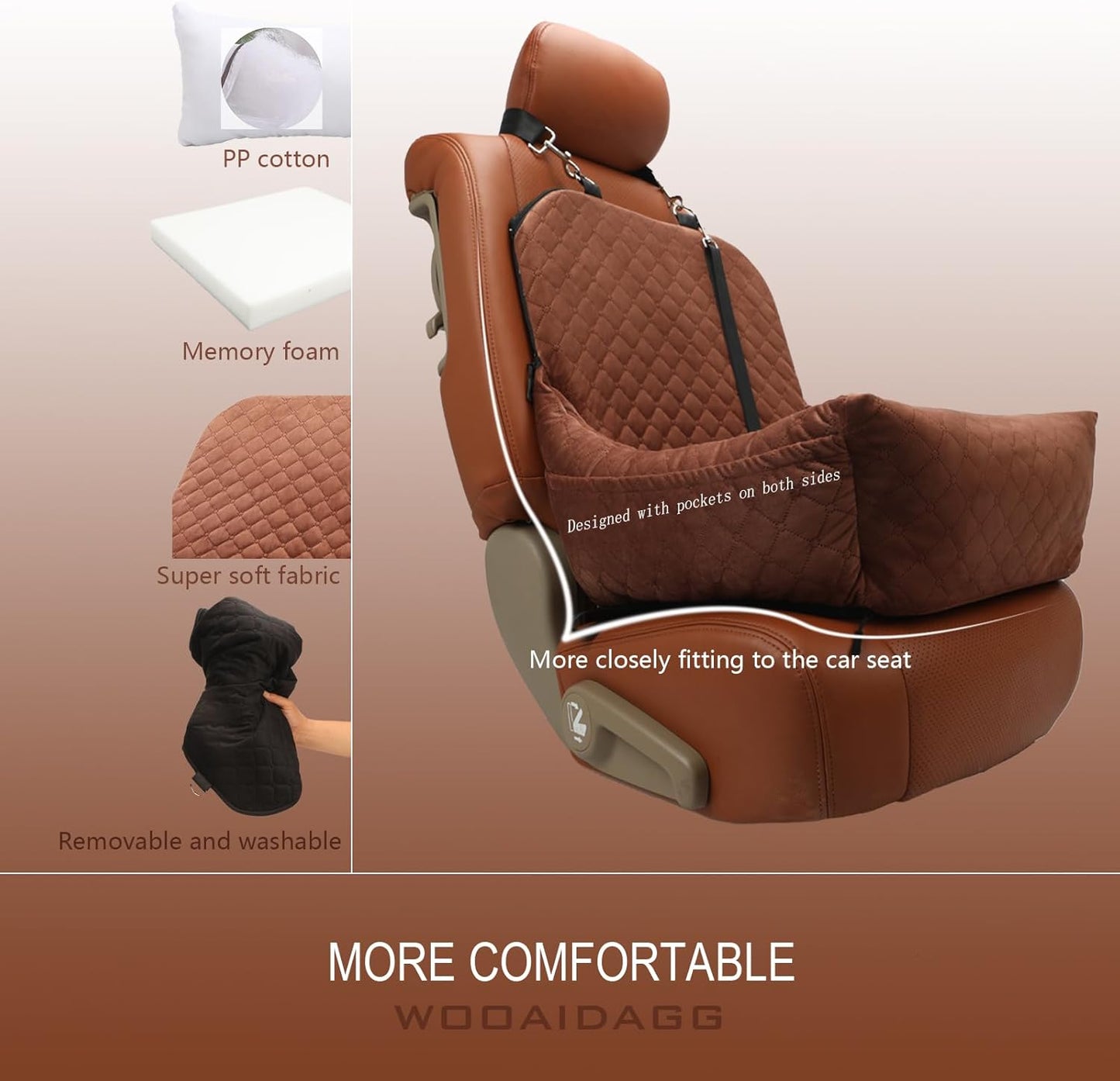 Dog Car Seat for Small Dogs,Covered Soft Fabric and Fill in Memory Foam,Easy to Assemble and Fully Detachable,2 Clip-On Safety Leashes and Storage Pockets(Brown)