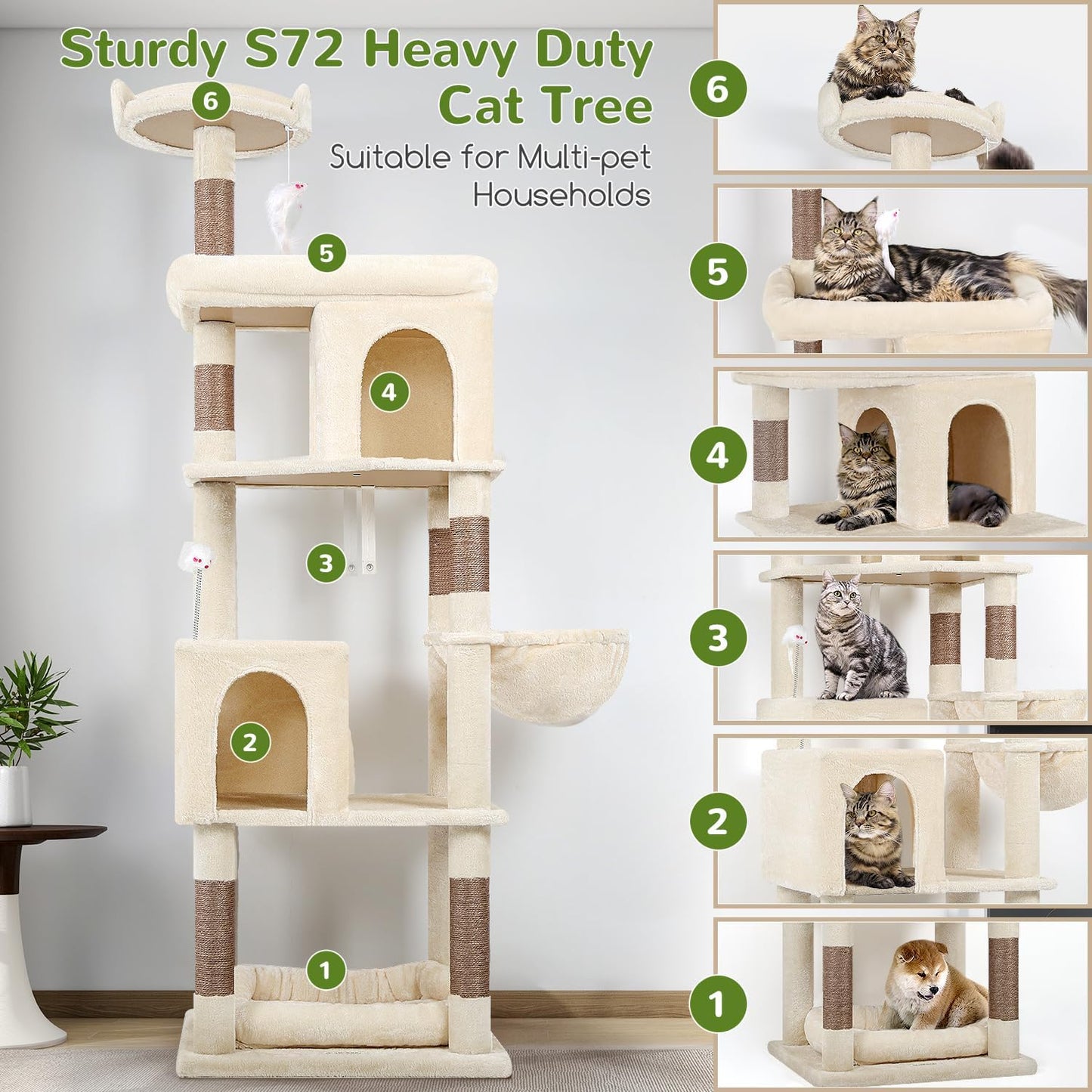 Globlazer Heavy Duty Cat Trees for Large Cats, Sturdy 72in Maine Coon Cat Tree for Large Cat 20 lbs+ Heavy Duty Cat Tower for Adult Biggest Cats with 6 Scratching Posts, Hammock, S72, Beige