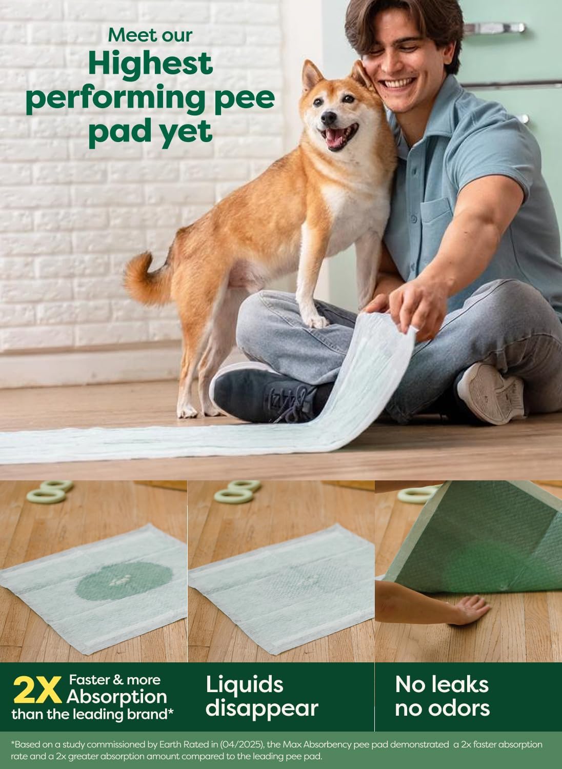 Earth Rated Max Absorbency Puppy Pee Pads for Dogs Absorbs 2X Faster & 2X More, Leak-Proof Odor-Free Potty Training Wee Wee Pad, Unscented, Large, 22” x 23”, 40 Count