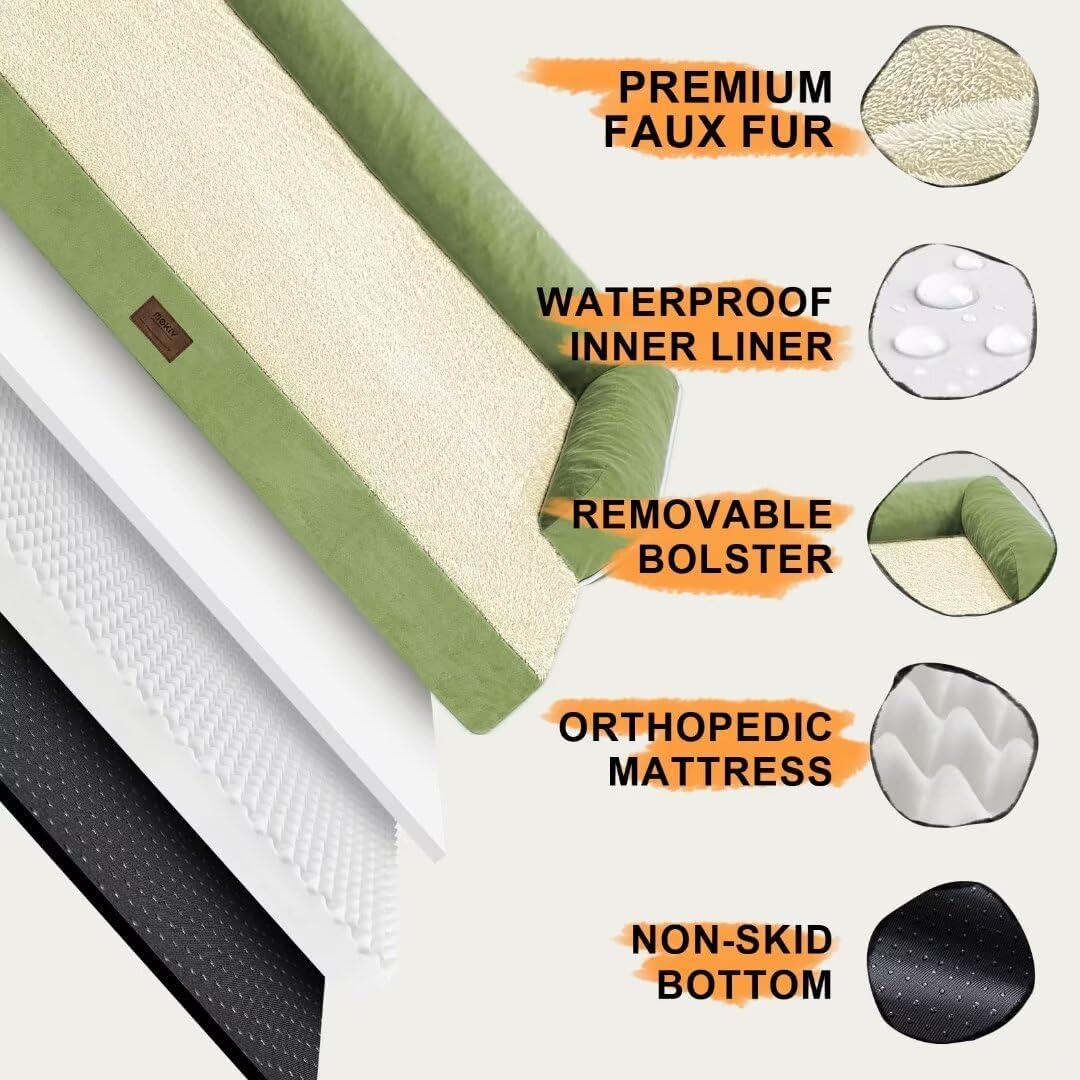 Large Dog Bed Orthopedic Washable - Beds Bolster - Extra XL XLarge Big Dogs - Memory Foam Couch Sofa - Waterproof with Removable Cover - Grass Green Dog Bed