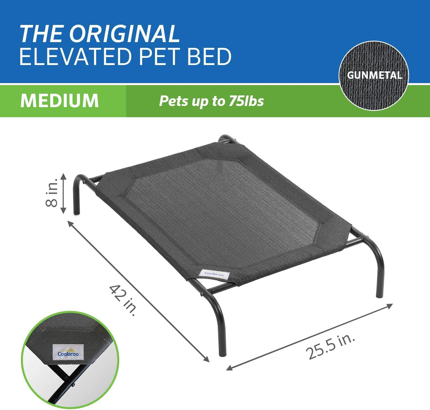 Coolaroo Original Elevated Dog Bed - Breathable Off-The-Ground Pet Bed with Cooling Fabric, Joint Relief & Moisture-Resistant Fabric, 100% Recyclable, Easy Clean, Gunmetal, Medium