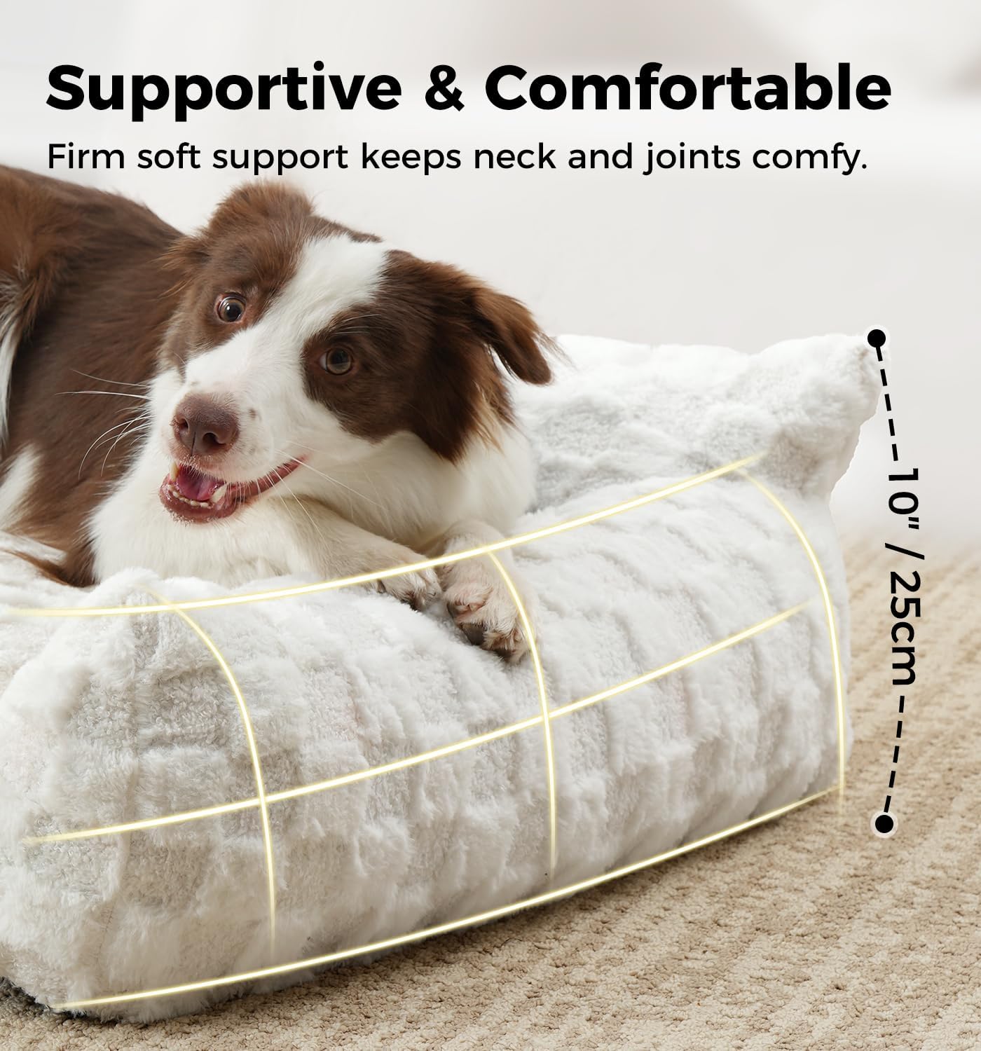 Made4Pets Cat and Dog Couch Bed, Soft Faux Fur Checkered Pet Sofa, Cozy Fluffy Pet Sofa with Supportive Foam, Removable Washable Cover with Non-Slip Base, White, Medium