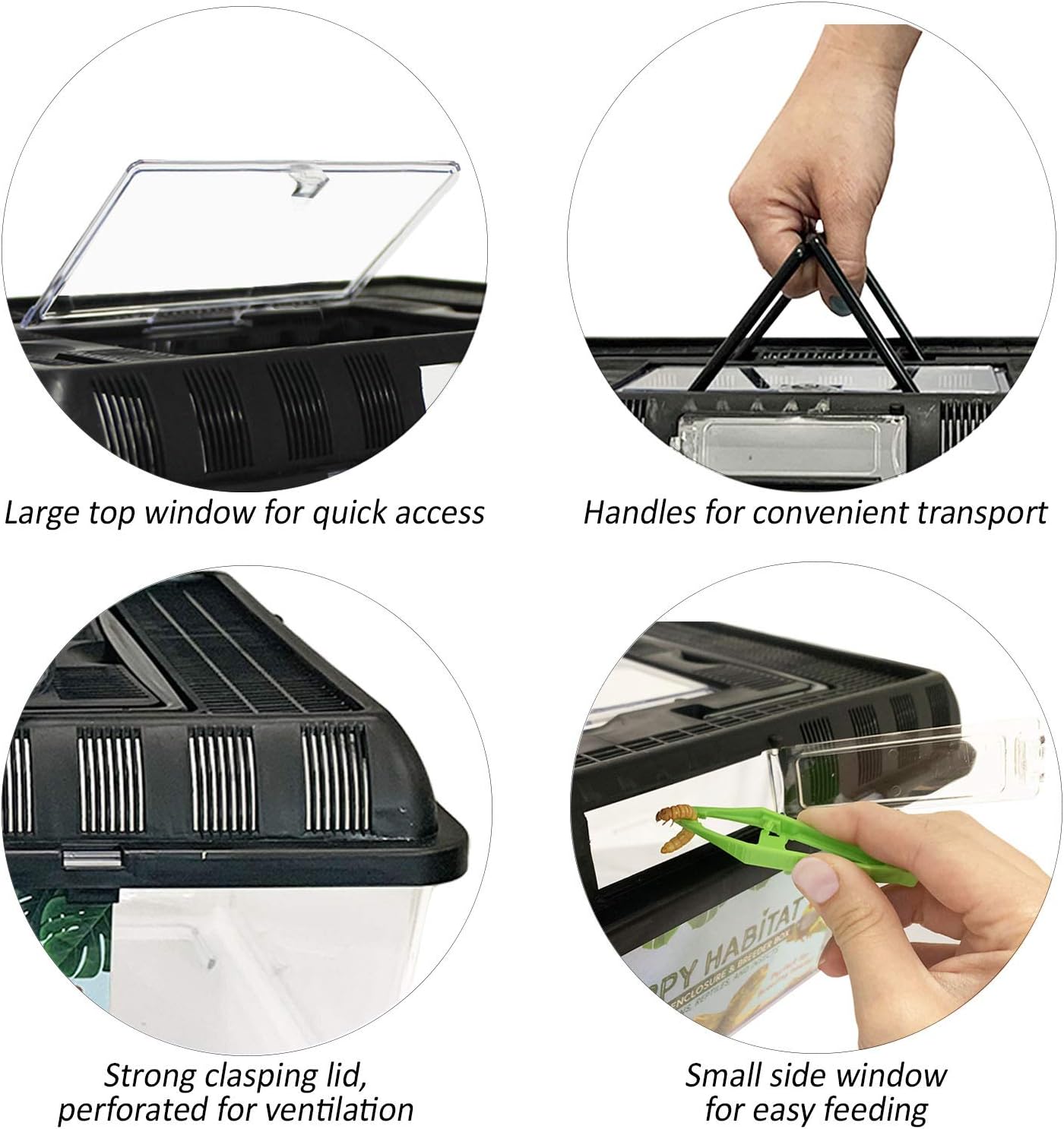 Happy Habitat (Large) - Ventilated Enclosure & Breeder Box - for Live Feeder Insects, Reptiles, Amphibians & Other Small Pets - Durable Plastic Portable Terrarium