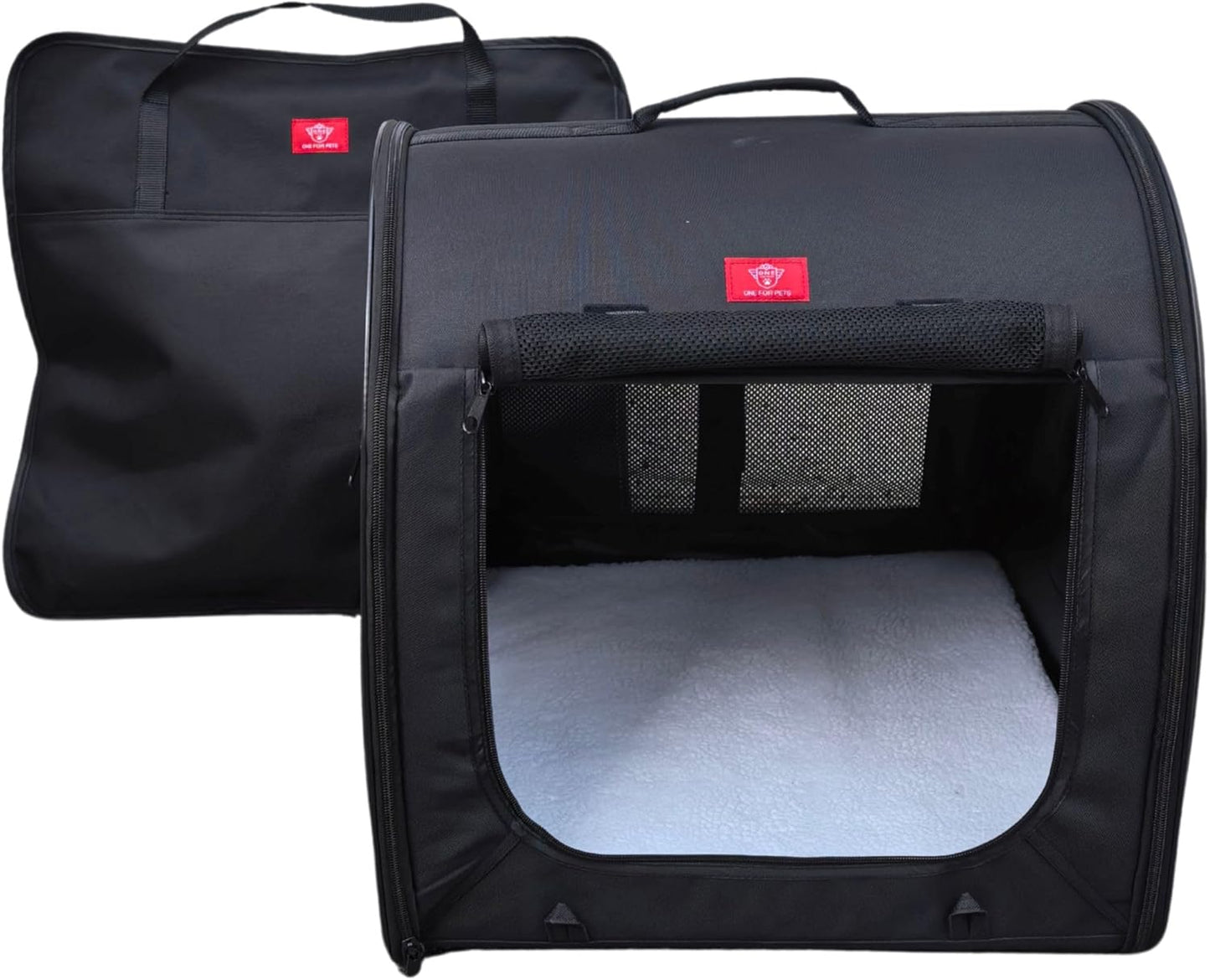 Fabric Portable Pet Kennel/Shelter, Single, Black 20"x20"x19.5" - Car Seat-Belt Fixture Included