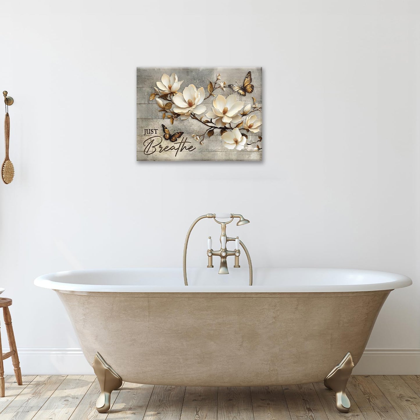 Floral Magnolia Bathroom Pictures Wall Art, Just Breathe Bathroom Wall Decor, Flower Butterfly Framed Painting Canvas Artwork for Bedroom Living Room Decorations 20"L x 16"W