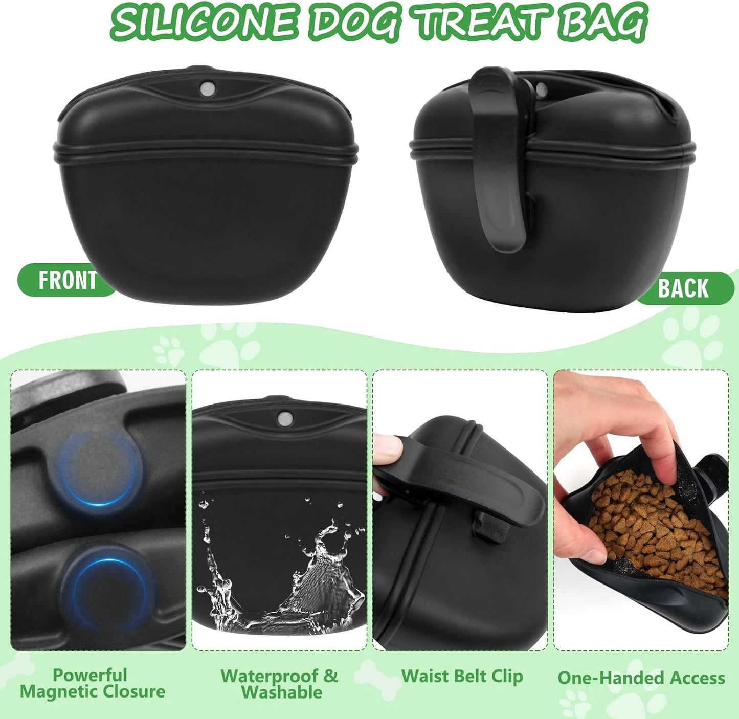 Dog Treat Pouch Pet Training Kit - Silicone Treat Bag Magnetic Closure, Puppy Training Clicker, Dog Whistle, Collapsible Dog Bowls, Poop Bags & Holder, 4 Ways to Wear Walking Fanny Pack-Black
