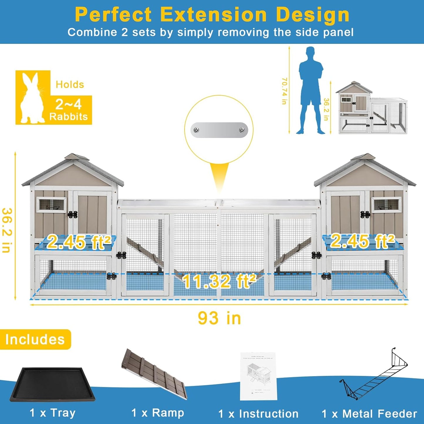 48" L Rabbit Hutch Outdoor Indoor Bunny Hutch Weatherproof, 2-Story Wood Rabbit Cage with Deep Tray, Chew-Resistant Ramp, UV Roof, Bunny House for Small Animal, Expandable Guinea Pig Cage