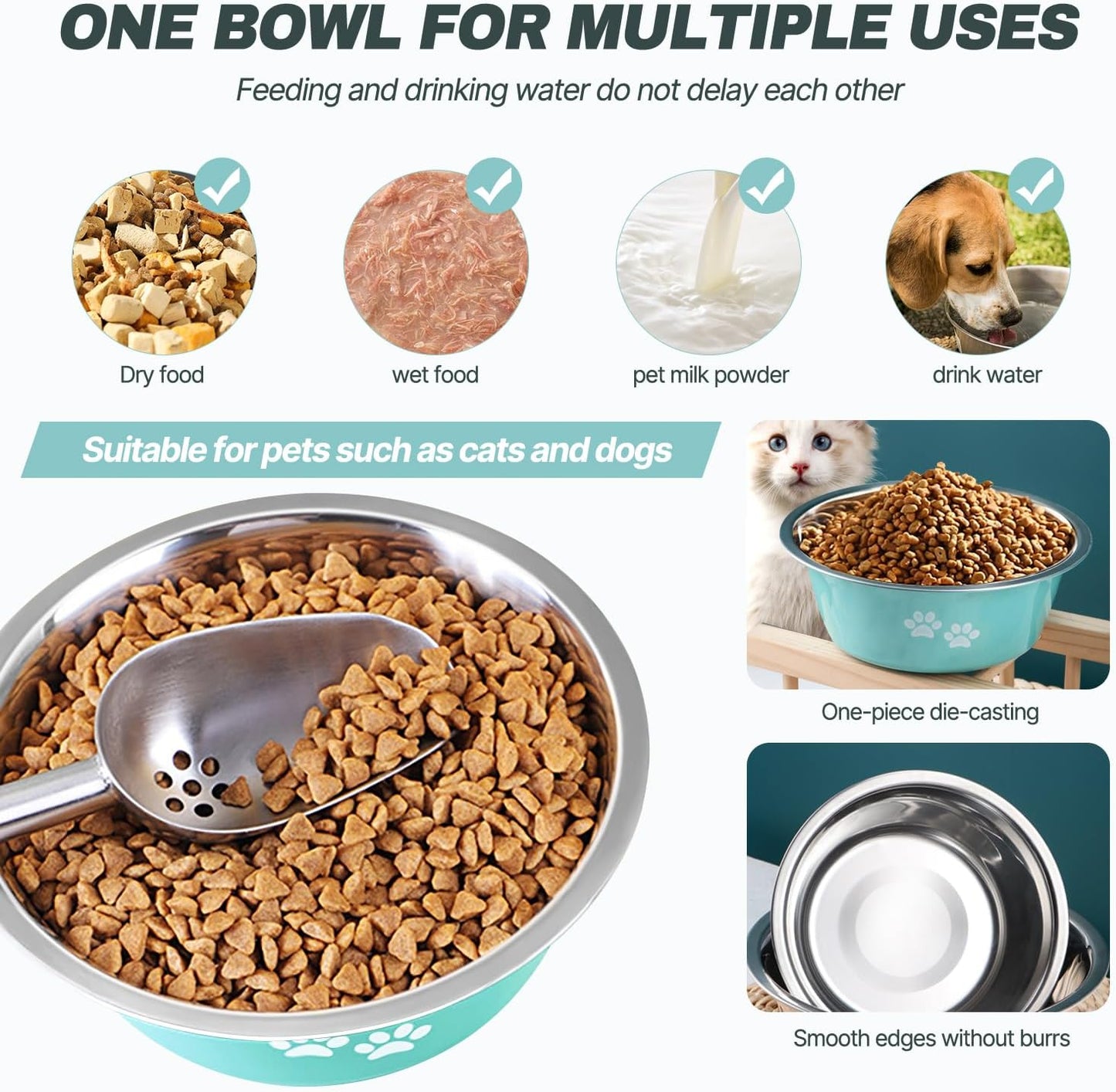 Stainless Steel Dog Bowls, Nonslip Rubber Bottom No Spill Proof Skid Metal Insulated Dog Bowls for Large Medium Small Breed Dogs (Green, 8.5 Cups/71 OZ)