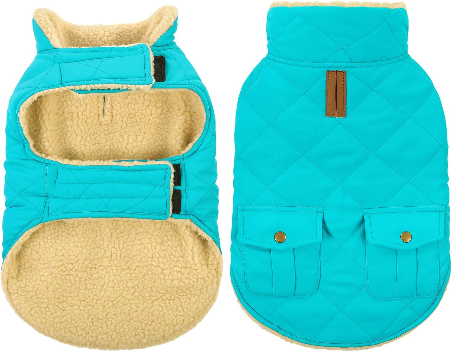 Queenmore Warm Dog Coat, Cold Weather Puffer Dog Coat Vest, Quilting Winter Pet Jacket Ultra Thick Plush Fleece Lining Pet Clothes for Dogs with Storage Pockets (Light Blue,X-Large)