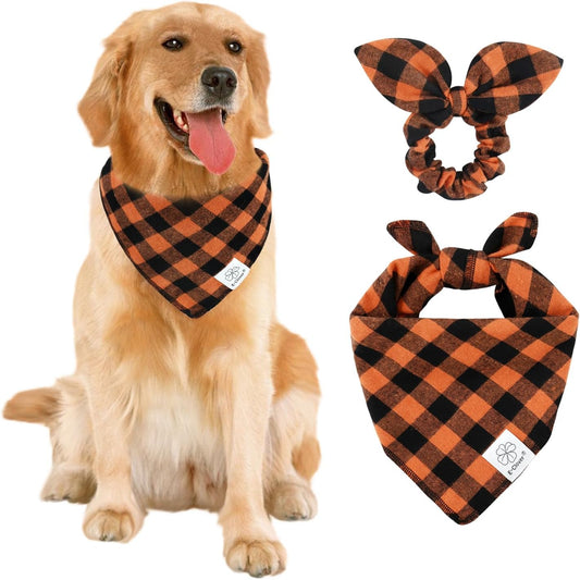E-Clover Fall Dog Bandana & Matching Scrunchie-Orange Black Dog Bandanas Plaid Pet Scarf Bib for Medium Large Dogs Girl Boy Owner Gift Orange Black