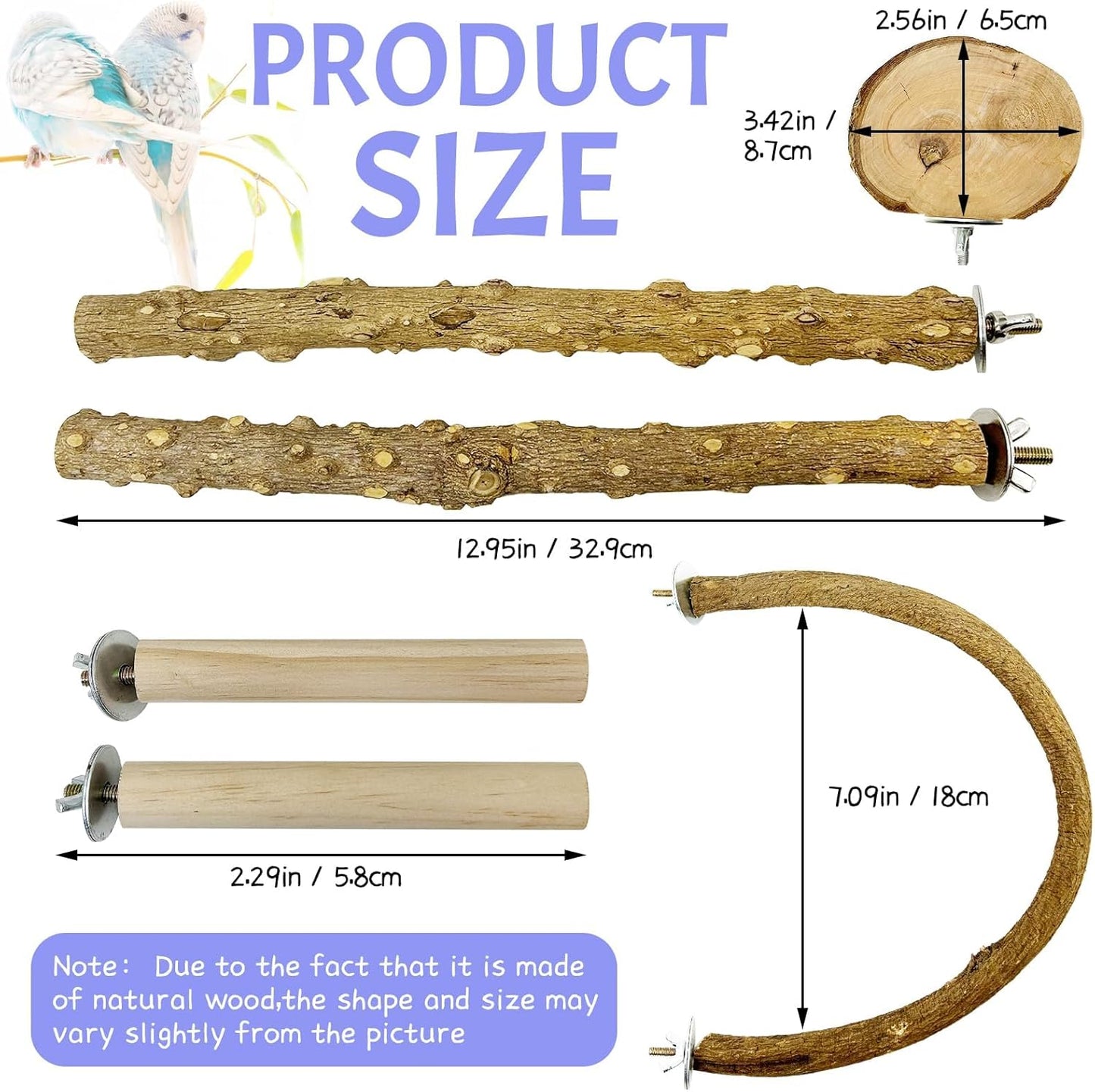 PINVNBY 6 PCS Natural Bird Perches Wooden Parrot Perch Sets Bird Perches for Cage Parakeet Platform Hammock Paw Grinding Fork Chewing Stick for Budgies Conures Finches Cockatiels Lovebirds