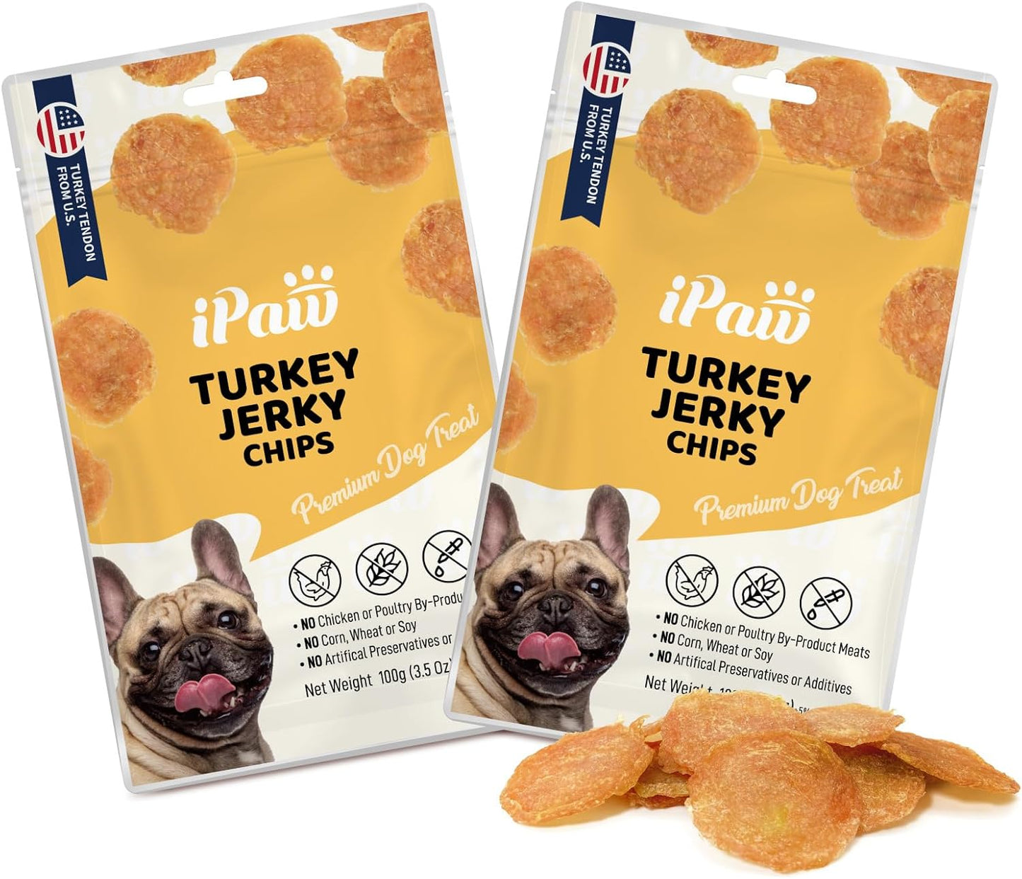 iPaw Turkey Chips Dog Treats for Puppy Training, All Natural Human Grade Dog Treat, US Sourced Raw Material, Hypoallergenic, Easy to Digest (Turkey Chips), 2 Packs