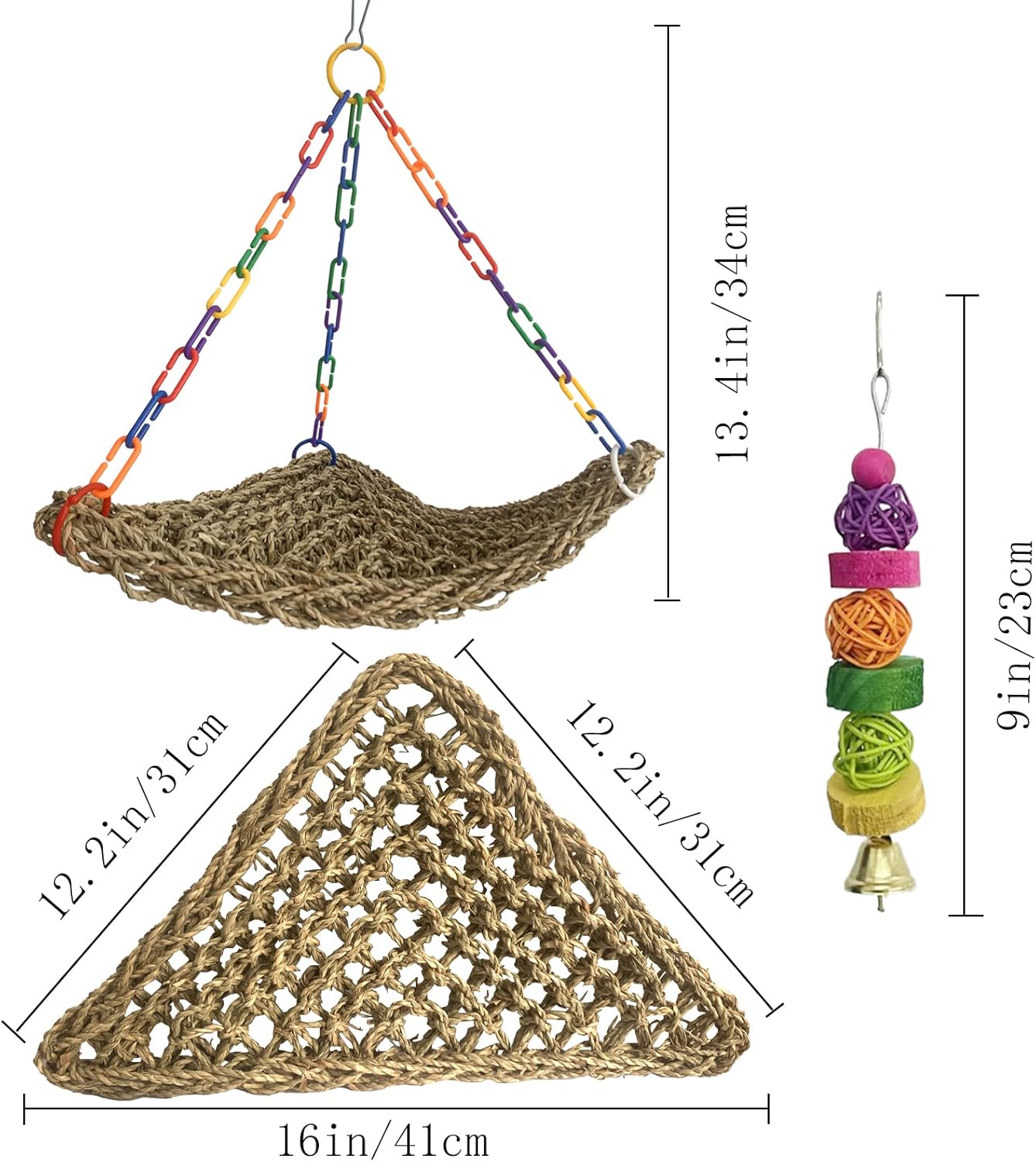 Bird Swing Toys,Bird Seagrass Mat Edible Hammock Parrot Lounger with Toys Handmade Woven Hanging Hammock for Lovebird Cockatiel Canary Parakeets Finch Budgie(2 Pcs)