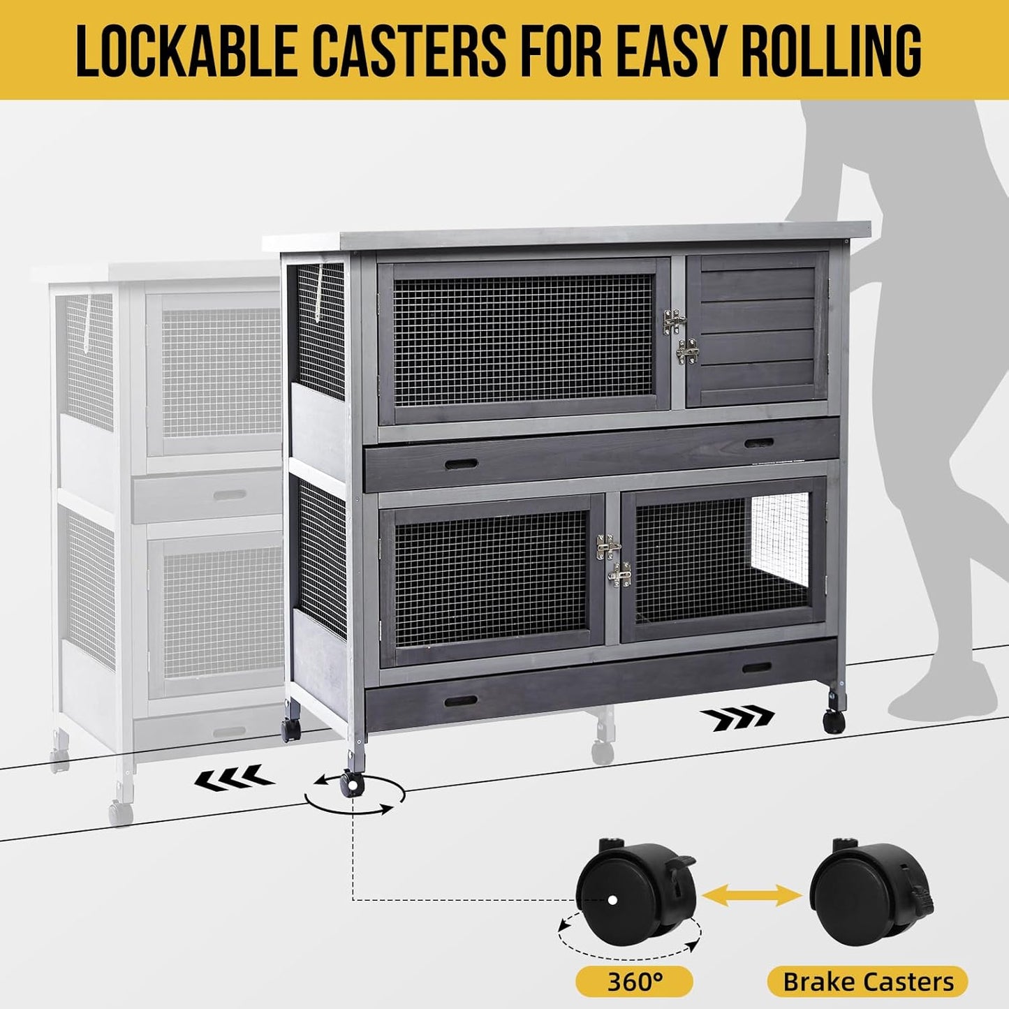 Rabbit Hutch Bunny Cage Indoor Outdoor with Wheel Deeper Tray Chew Proof Guinea Pig Cages 2 Decks Large Rabbit House with 4 Wooden Doors Weatherproof 41.3" L*17.3" W*41.3" H