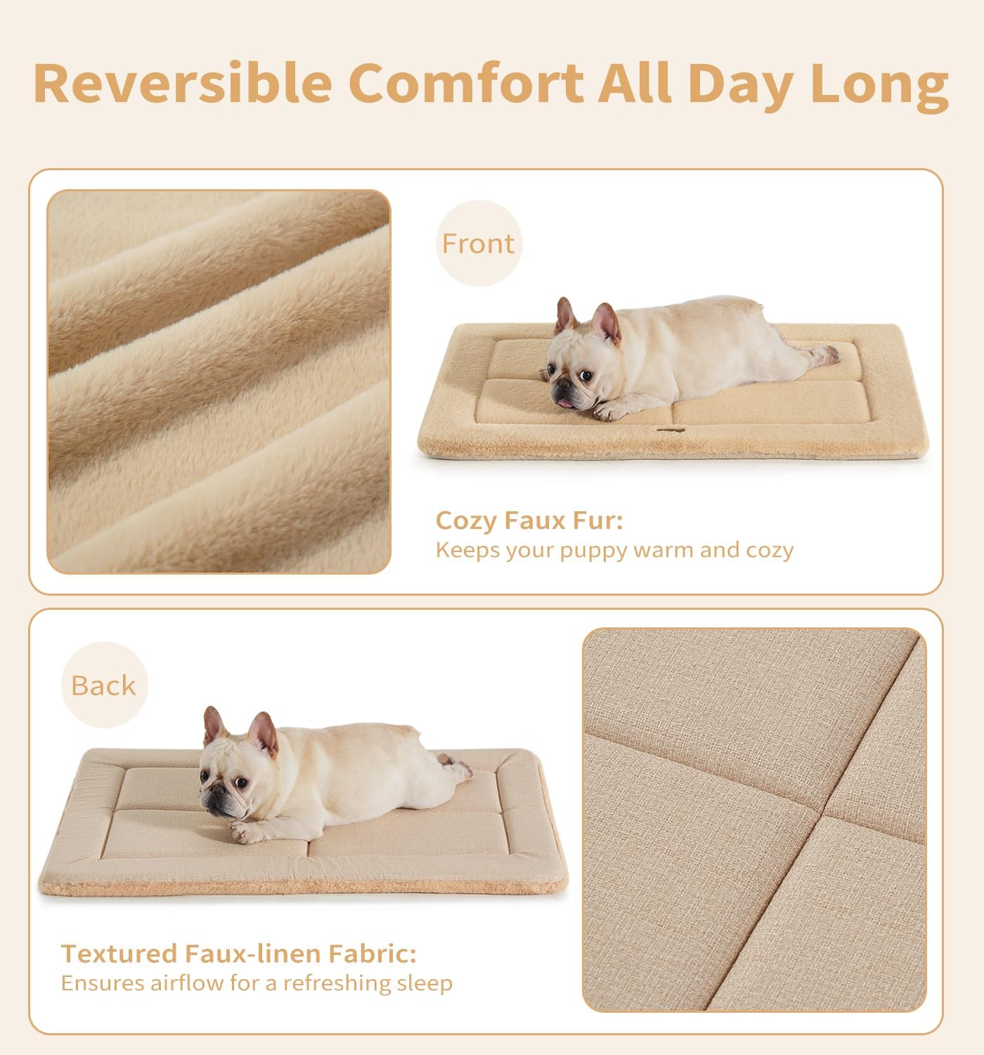 Made4Pets Dog Crate Pad Bed for Large Dogs, Washable & Reversible, Anti-Slip Kennel Mat for Cozy Sleeping, Soft Fluffy Dog Bed for Indoor & Outdoor Use, 36"x27", Khaki