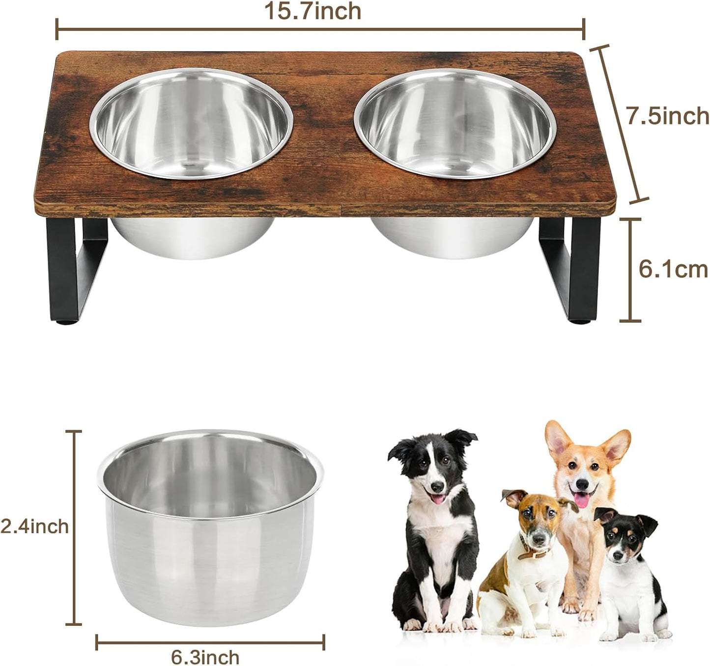 Elevated Dog Bowls for Small Medium Wood Dogs Raised Bowl Stand with 2 Stainless Steel Deep Dog Food and Water Bowls, Anti Vomit, Non-Slip Feeding Dishes(Tilted，3 inches in Height, 40oz