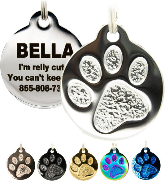 Engraved Pet Tag for Dogs and Cats - Personalized Front & Back up to 4 Lines of Text Custom Engraved ID, Round Paw Print Solid Plating Stainless Steel Silver Regular