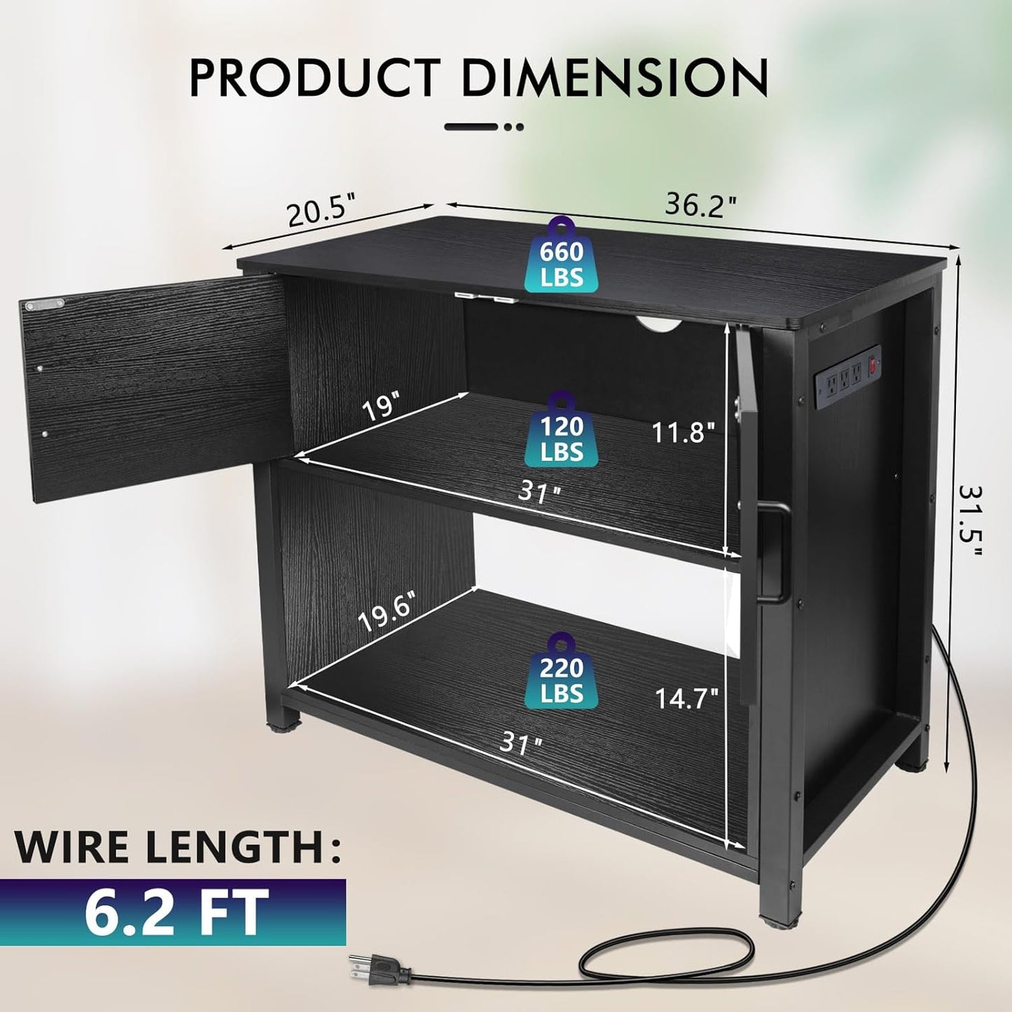 40 Gallon Tank Stand with Cabinet and Power Outlets, Heavy Duty Metal Aquarium Stand for 40-50 Gallon Breeder Tank, Turtle Tank, Double Terrarium Stand, 660LBS Capacity, Black