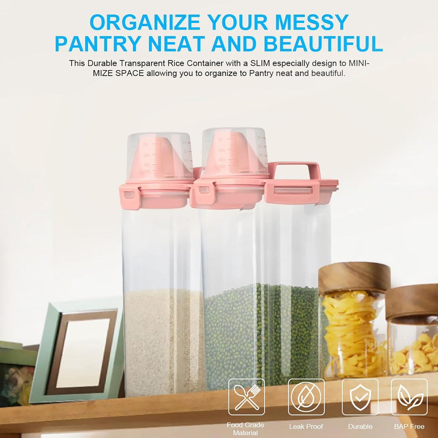 Rice Airtight Dry Food Storage Containers, BPA Free Plastic Storage Bin Dispenser with Pourable Spout, Measuring cup for Cereal, Flour and Baking Supplies, Include a Stainless Steel Whisk