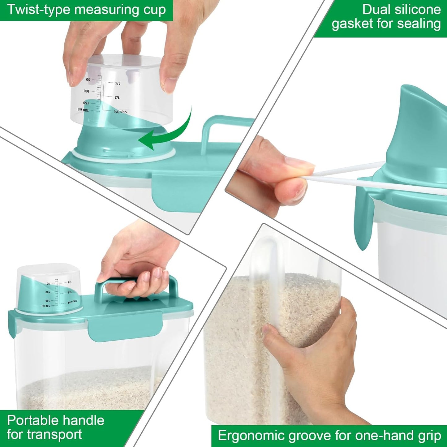 Rice Storage Container 10 Lbs, Pet Cat Dog Food Storage Container with Larger Spout and Cup, Airtight Cereal Containers Storage Food Cereal Dispenser, Kitchen and Pantry Organization Bin-Green