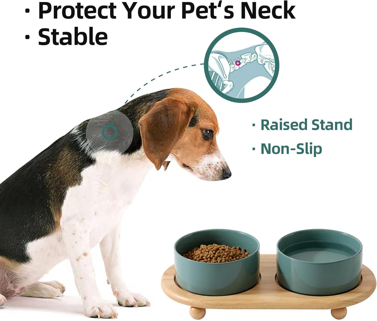 Ceramic Elevated Dog Bowls, Food and Water Bowls for Dogs, Puppy, Raised Dog Dish, Pet Feeder(6inch, 2 x Dark Green + Stand)