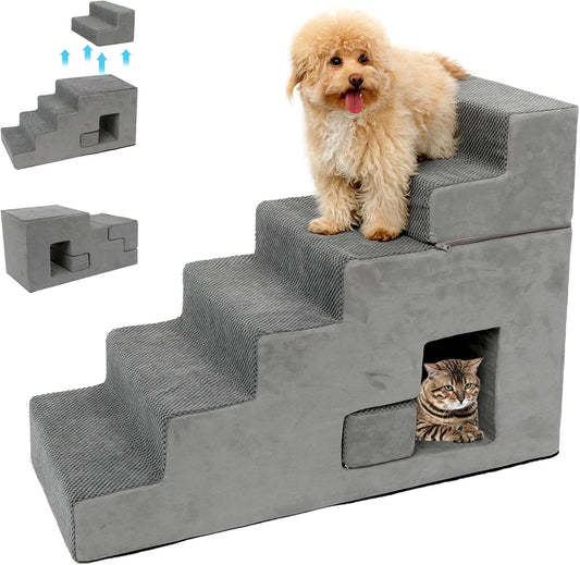 Dog Stairs for Small Dogs 27”H, 6-Step Dog Steps for High Bed, High-Density Foam Pet Stairs with Non-Slip Removable Washable Cover to Get on Bed