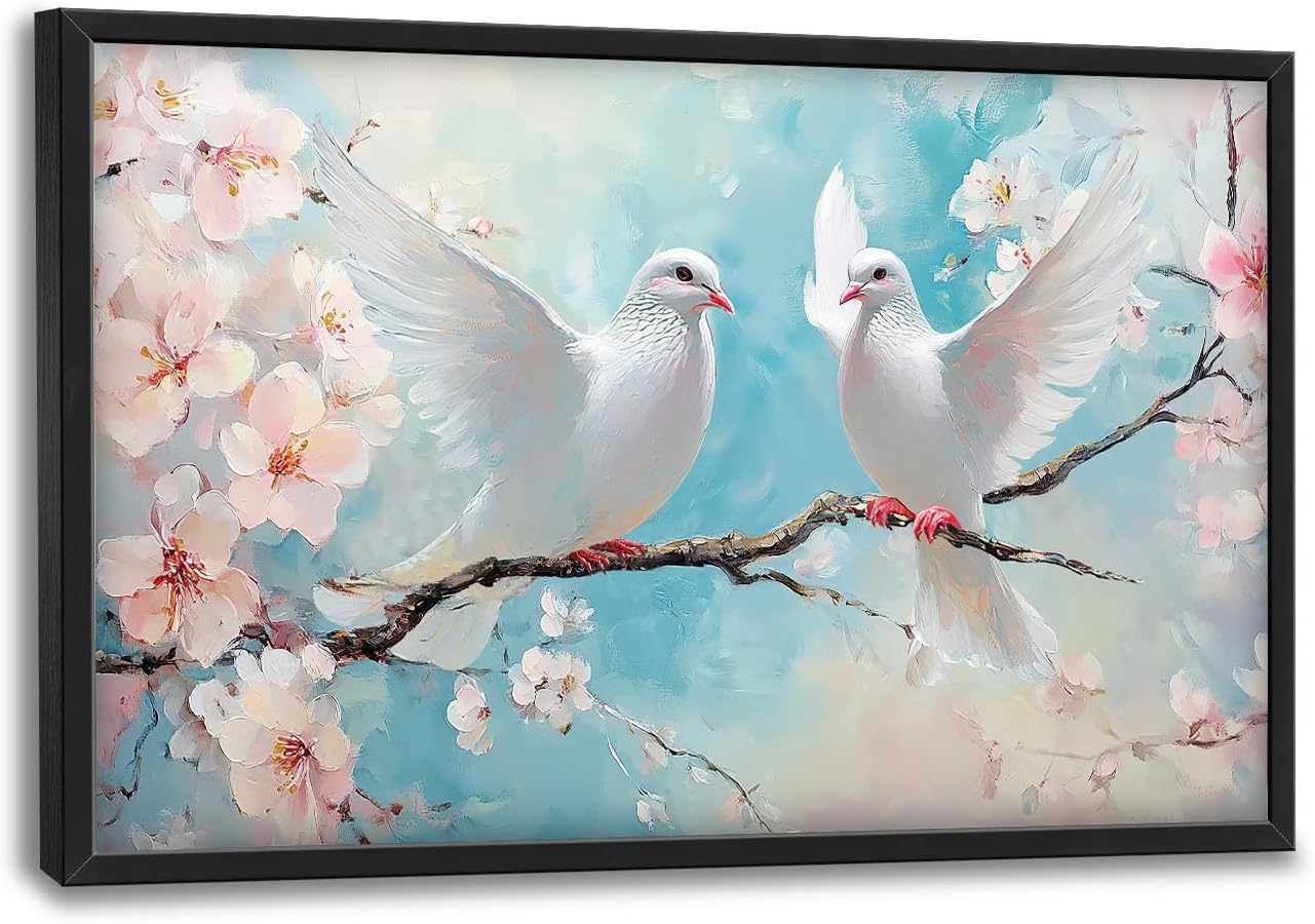 Large White Dove Flower Wall Art for Living Room, Framed Oversized Pigeon Cherry Blossom Wall Decor Nature Canvas Painting Modern Artwork for Living Room Bathroom Bedroom Office Dining Room 36"x24"