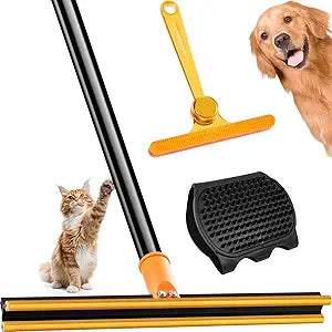 3 in 1 Carpet Rake for Pet Hair Removal Tool, 51” Adjustable Long Handle Pet Hair Removal Broom, Pet Grooming Brush, Cat Dog Hair Remover Carpet Scraper for Rugs, Mats