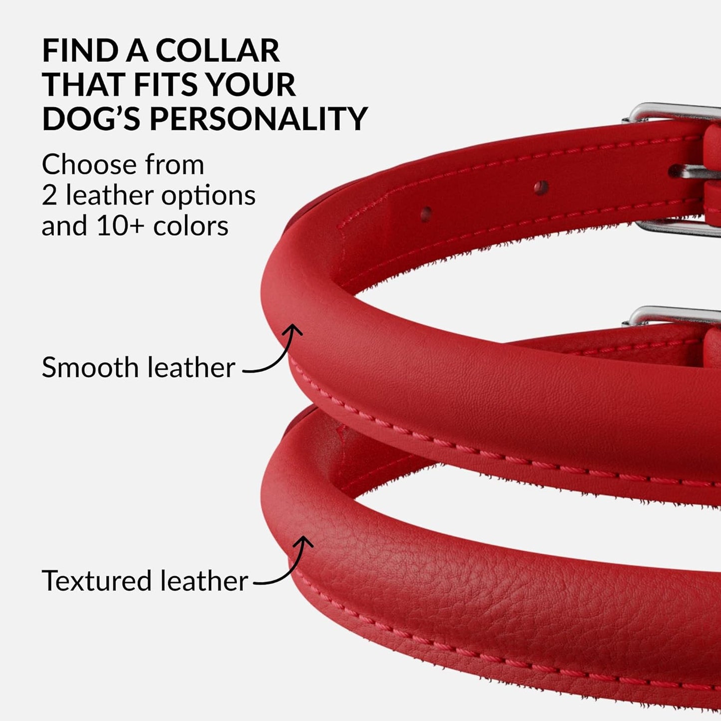 CollarDirect Rolled Leather Dog Collar, Soft Padded Round Puppy Collar, Handmade Genuine Leather Collar Dog Small Large Cat Collars 13 Colors (8-11 Inch, Red Smooth)