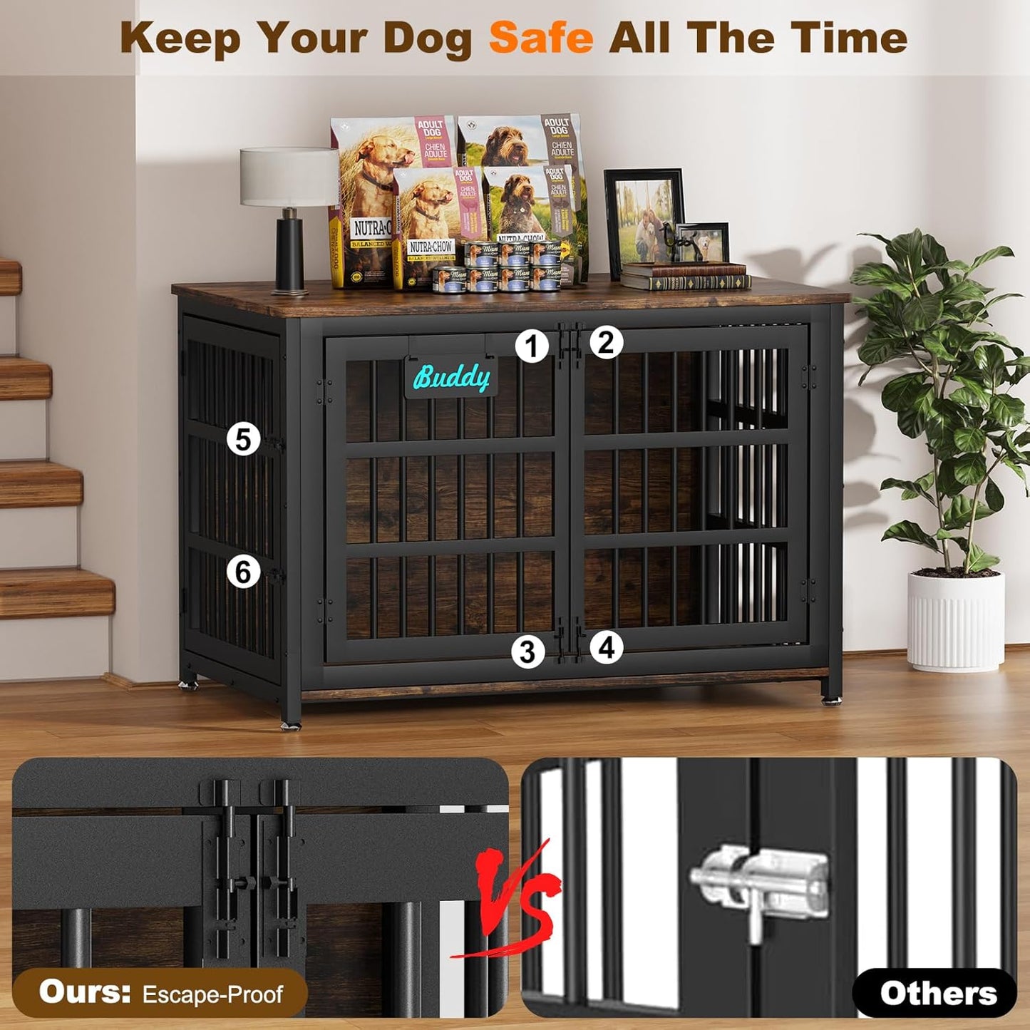 EasyCom 48"/42"/33" Dog Crate Furniture with Name Tag, Heavy Duty Dog Kennel Indoor for Large Dogs, Escape-Proof and Chew-Proof Dog Cage for high Anxiety Dog, Decorate House as TV Stand, End Table
