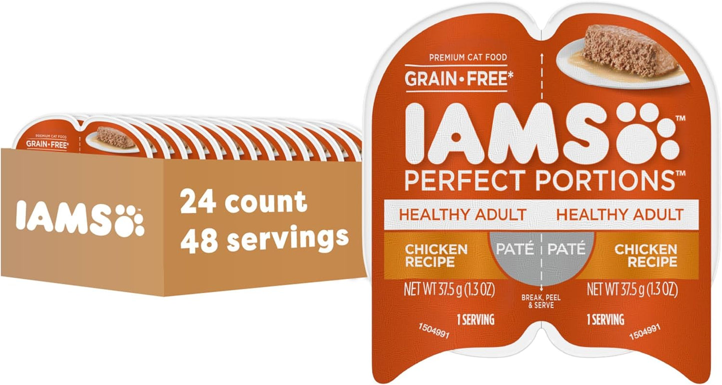 IAMS Perfect Portions Healthy Adult Grain Free Wet Cat Food Pate, Chicken Recipe, 2.6 oz. Easy Peel Twin-Pack Trays (24 Count, 48 Servings)