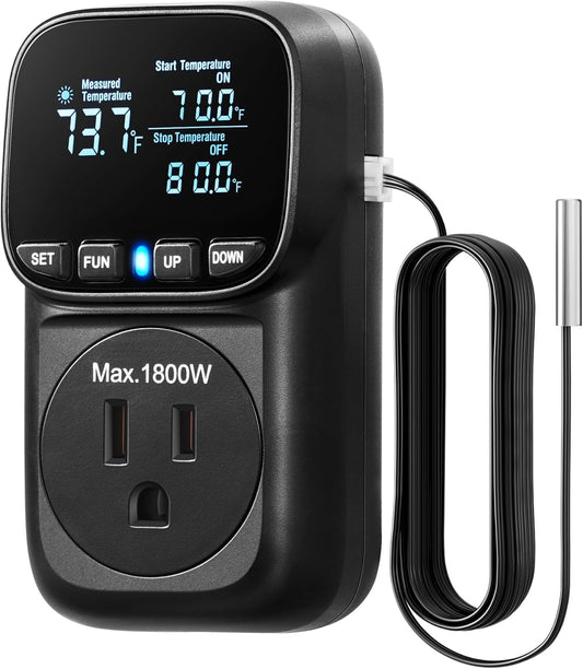 DEWENWILS Digital Temperature Controller, Heavy Duty 15A/1800W Thermostat Outlet Plug, VA Display Heating Cooling Control Timer, -40℉~210℉, Cyclic Timing/Countdown, for Greenhouse Incubator, Black