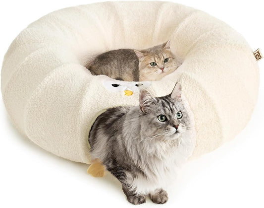 EHEYCIGA Cat Tunnel Bed for Indoor Cats, Cute Cat Donut Toy Tunnel for Small Large Cats with Washable Circle Cushion, Peekaboo Pet Cave Play Tunnel for Kitten, Puppy, Rabbit