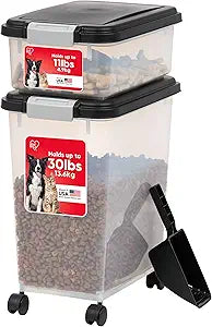IRIS USA Dog Food Storage Container, 30 lbs & 11 lbs Combo, Cat Food Storage Container, Dog Treat Container, Airtight, Stackable, 2-Cup Scoop, Wheels, Easy Mobility, Black