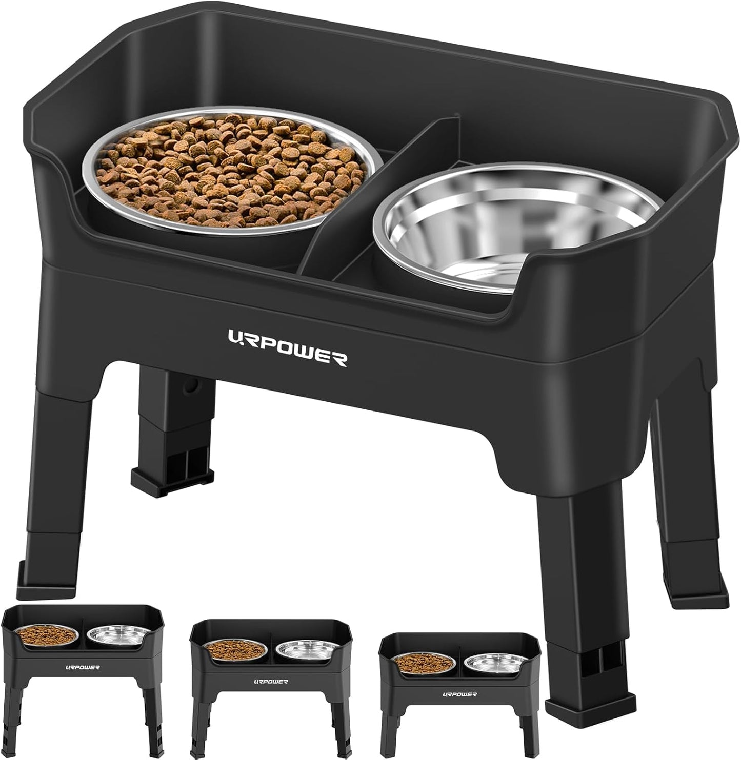 URPOWER 3-in-1 Elevated Dog Bowls - Mess Proof Double Deck 4 Height Adjustable Raised Stand with 2 Stainless Steel Food Bowls & Licking Plate for Small, Medium & Large Dogs