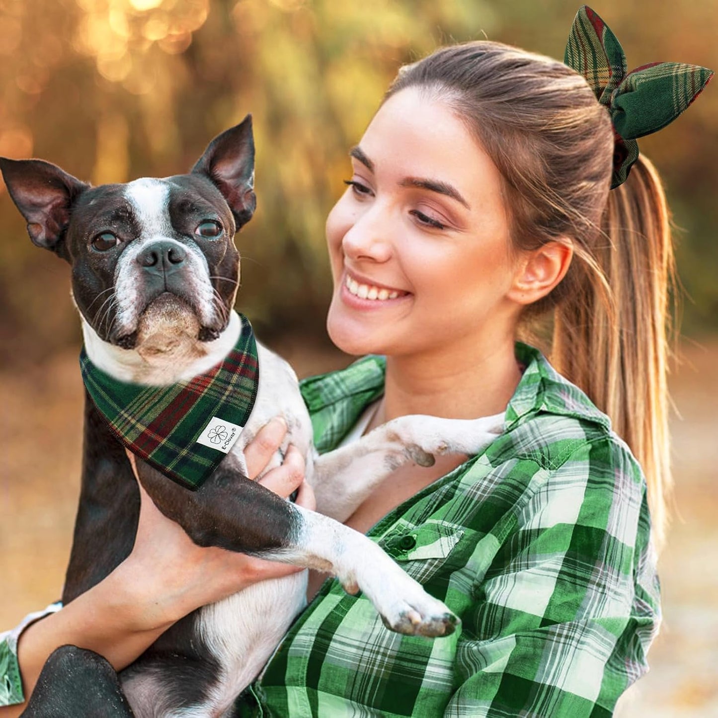 E-Clover Cute Dog Bandanas Plaid Dog Bandana Matching Scrunchie Pet Kerchief Scarf for Medium Large Dogs Boy Girl Green Red